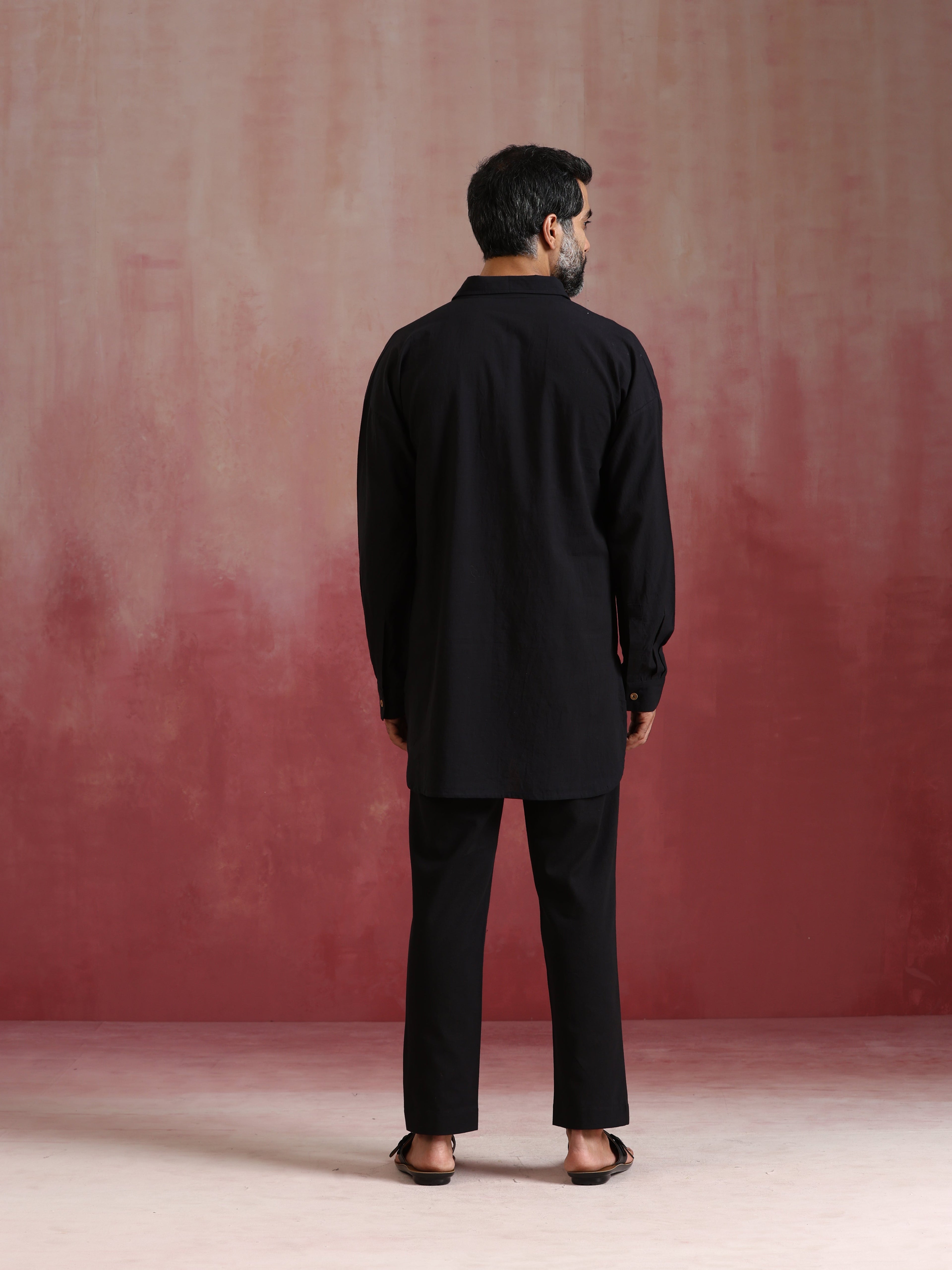 trueBrowns Men's Black Cotton Shirt Collar Stylized Kurta Co-ord set