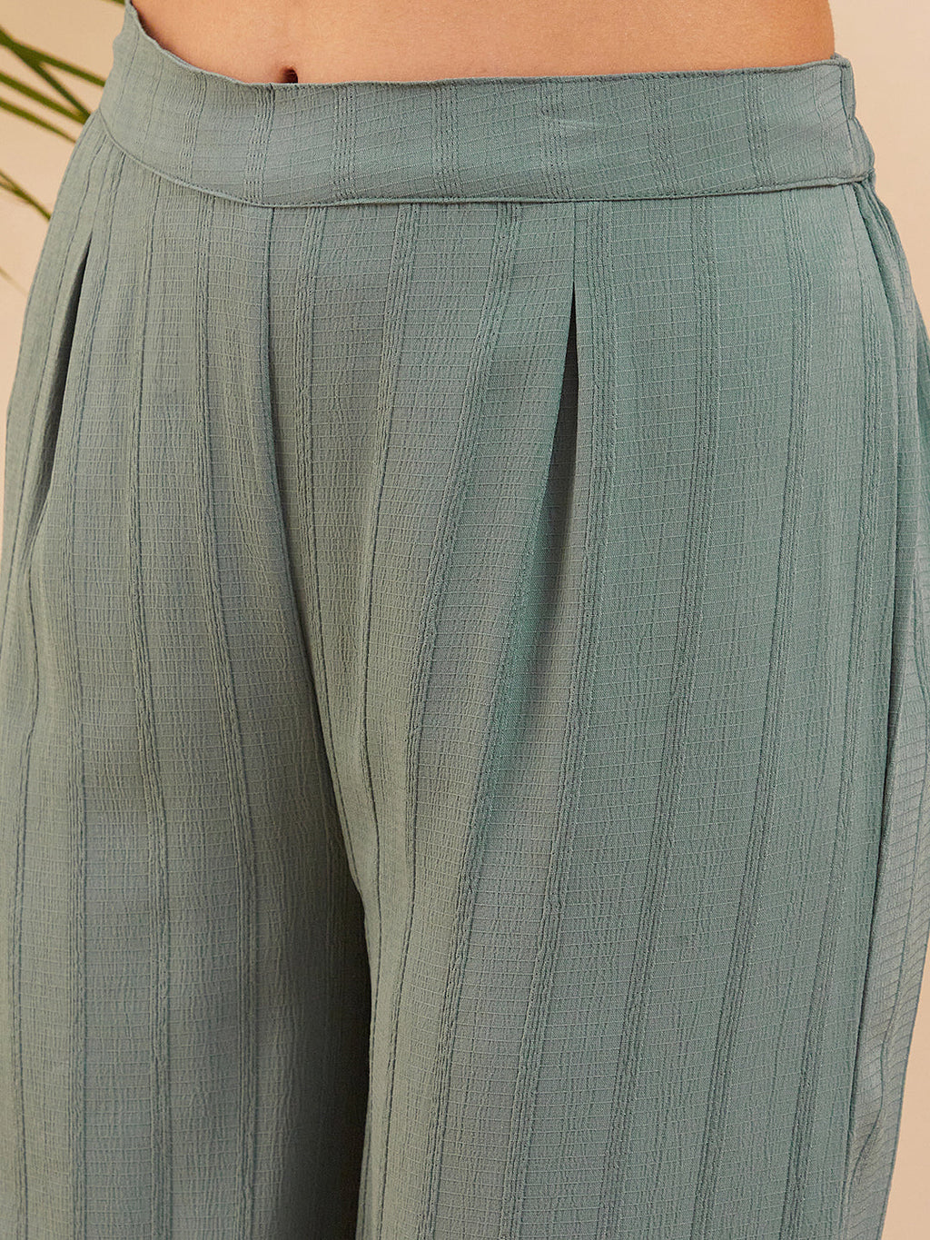 InWeave Women's Light Mint Collared Neck Flared Kurta Pant Set