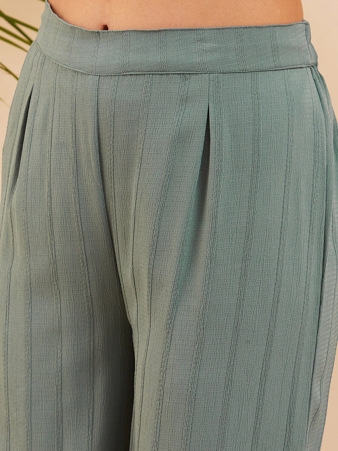 InWeave Women's Light Mint Collared Neck Flared Kurta Pant Set