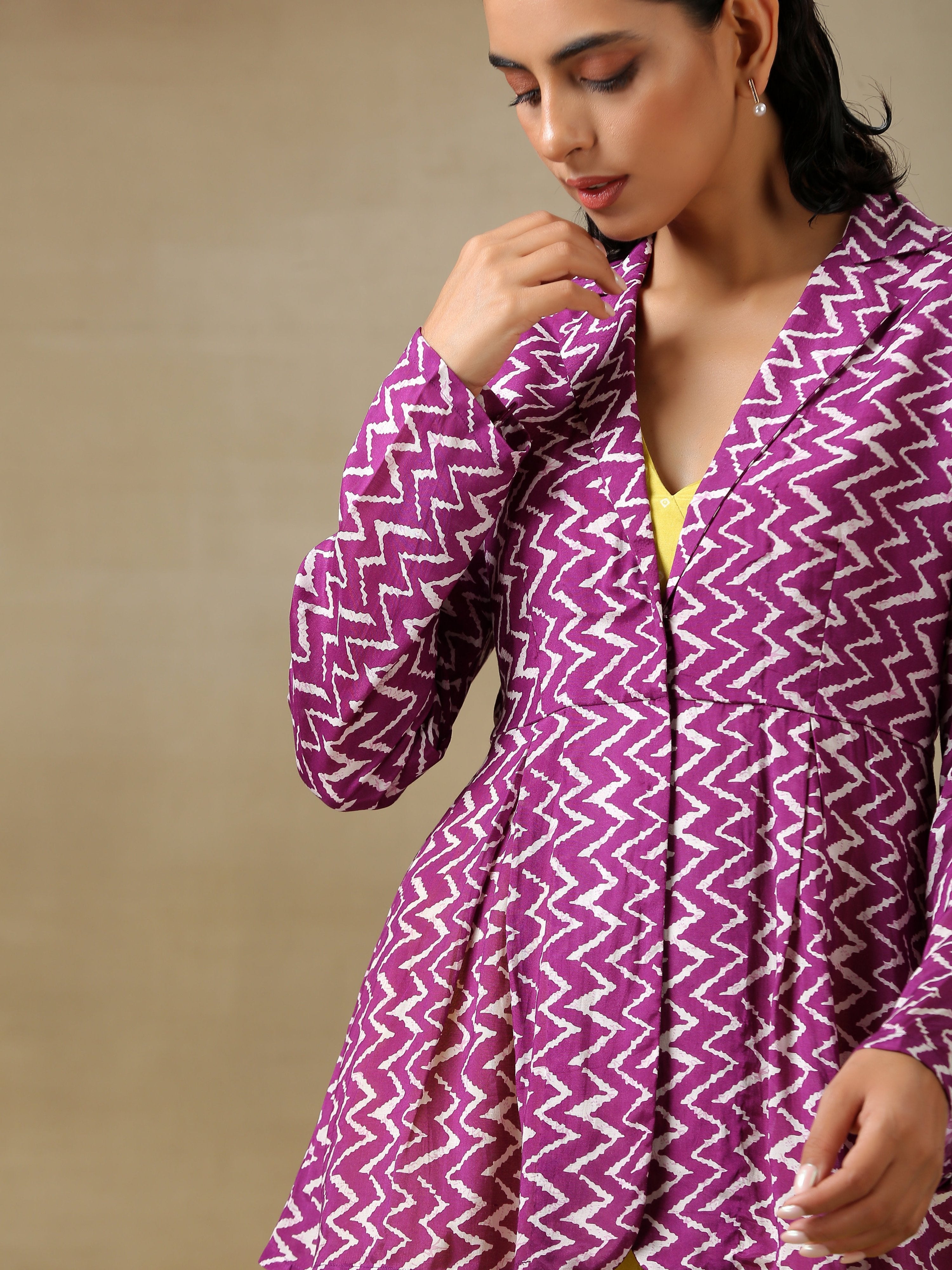 trueBrowns Lime Green Bandhani Printed Silk Top Pant with Purple Printed Jacket Set