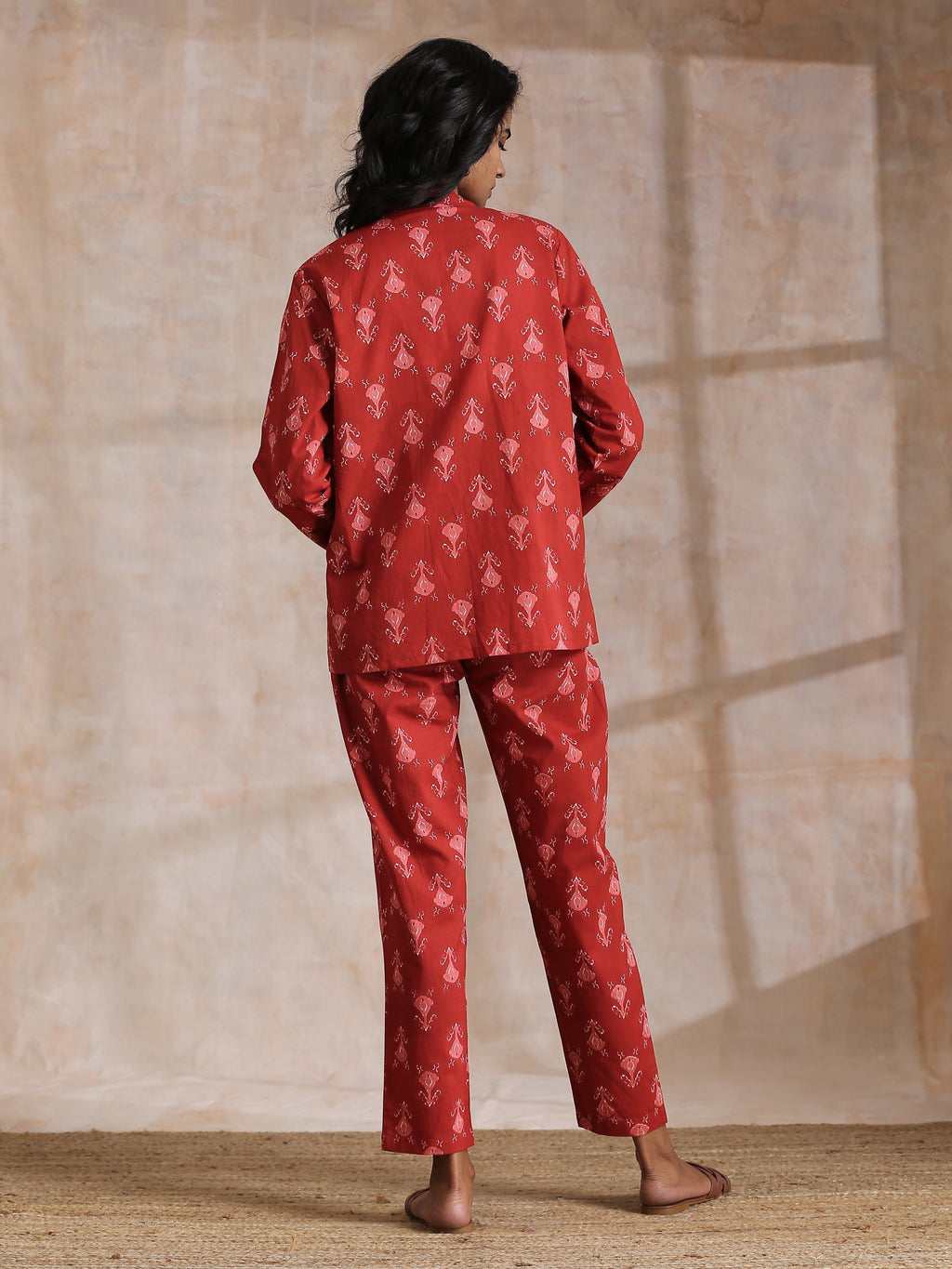 trueBrowns Red On Red Ikat Print Cotton Pant Suit Set