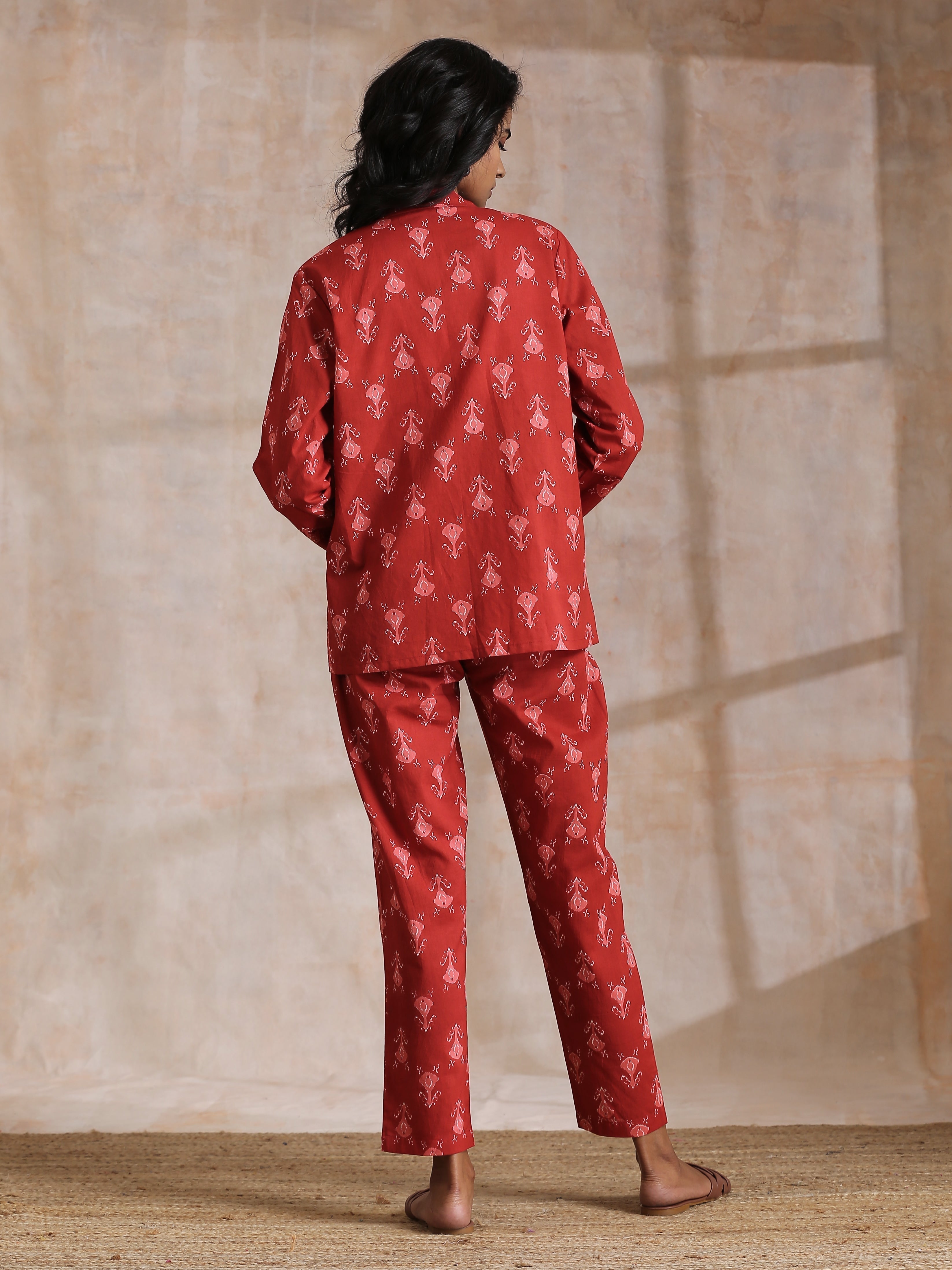 trueBrowns Red On Red Ikat Print Cotton Pant Suit Set