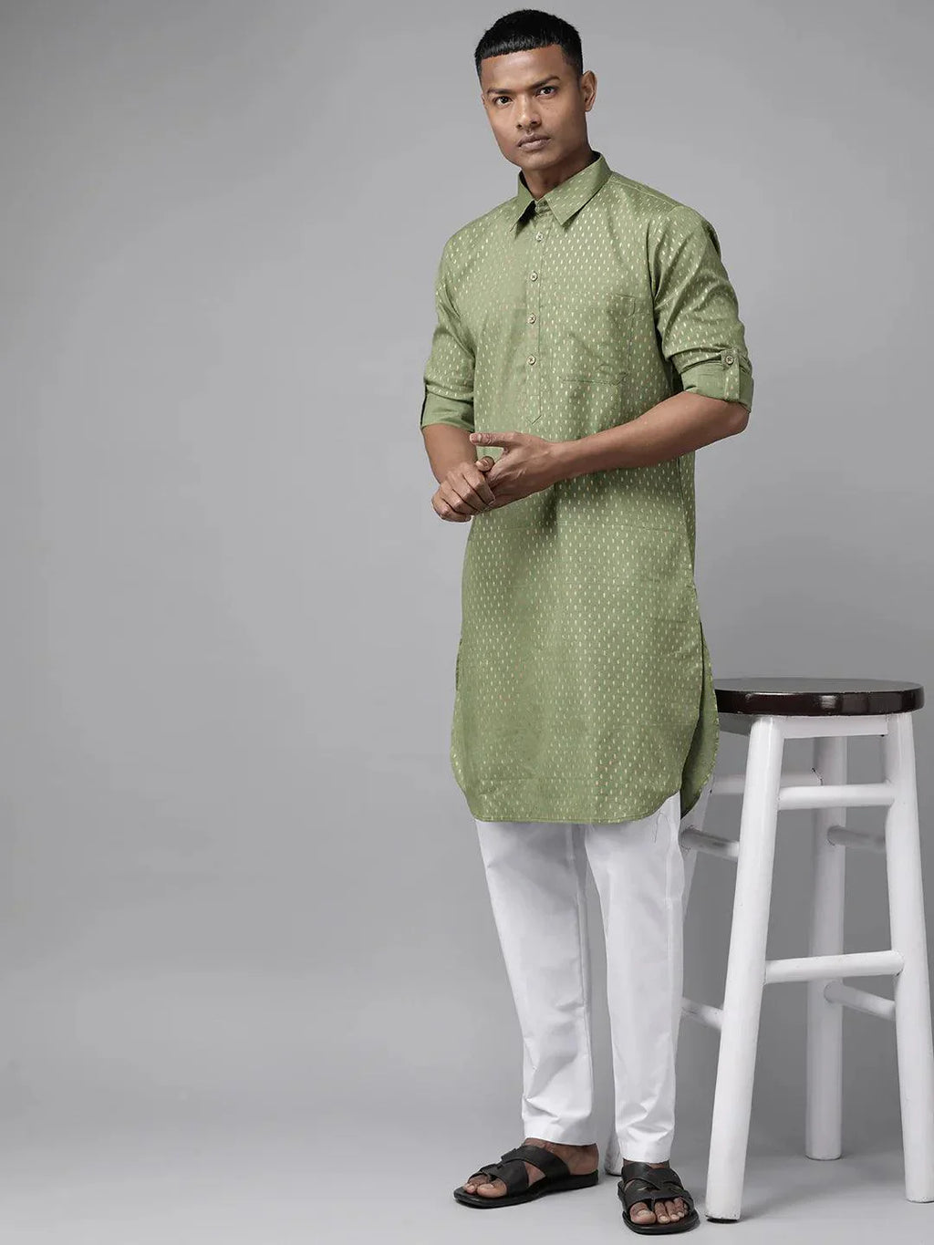 Fabmade Pure Cotton Olive Green Printed Pathani Kurta Pyjama