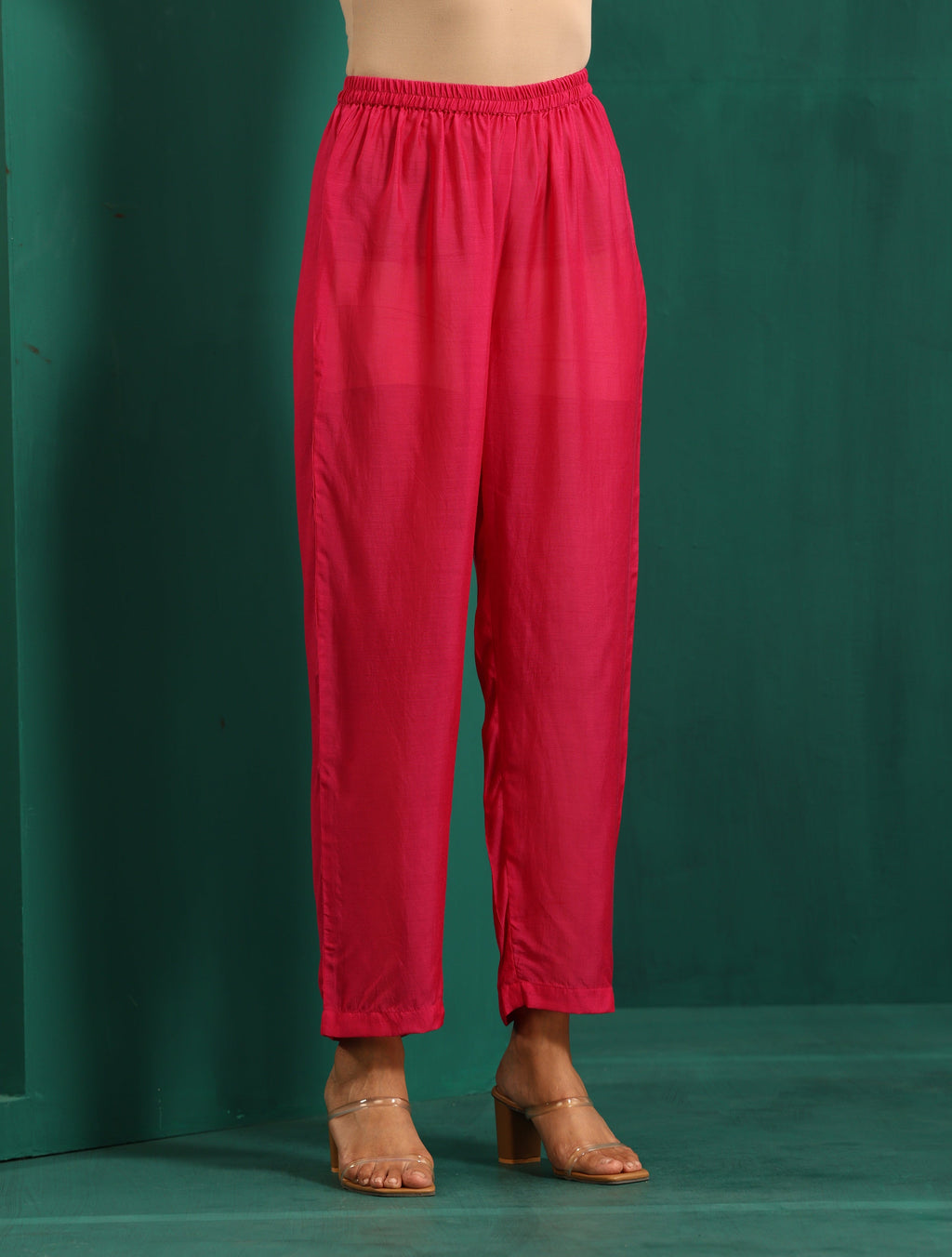 trueBrowns Pink Leaf Muslin Silk Printed Yoke Gathered Co-ord Set