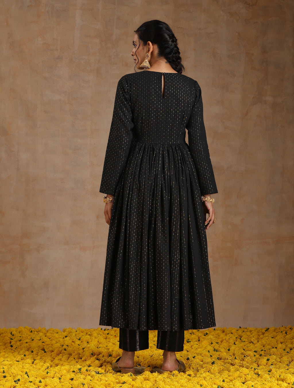 trueBrowns Black Gold Cotton Anarkali Set