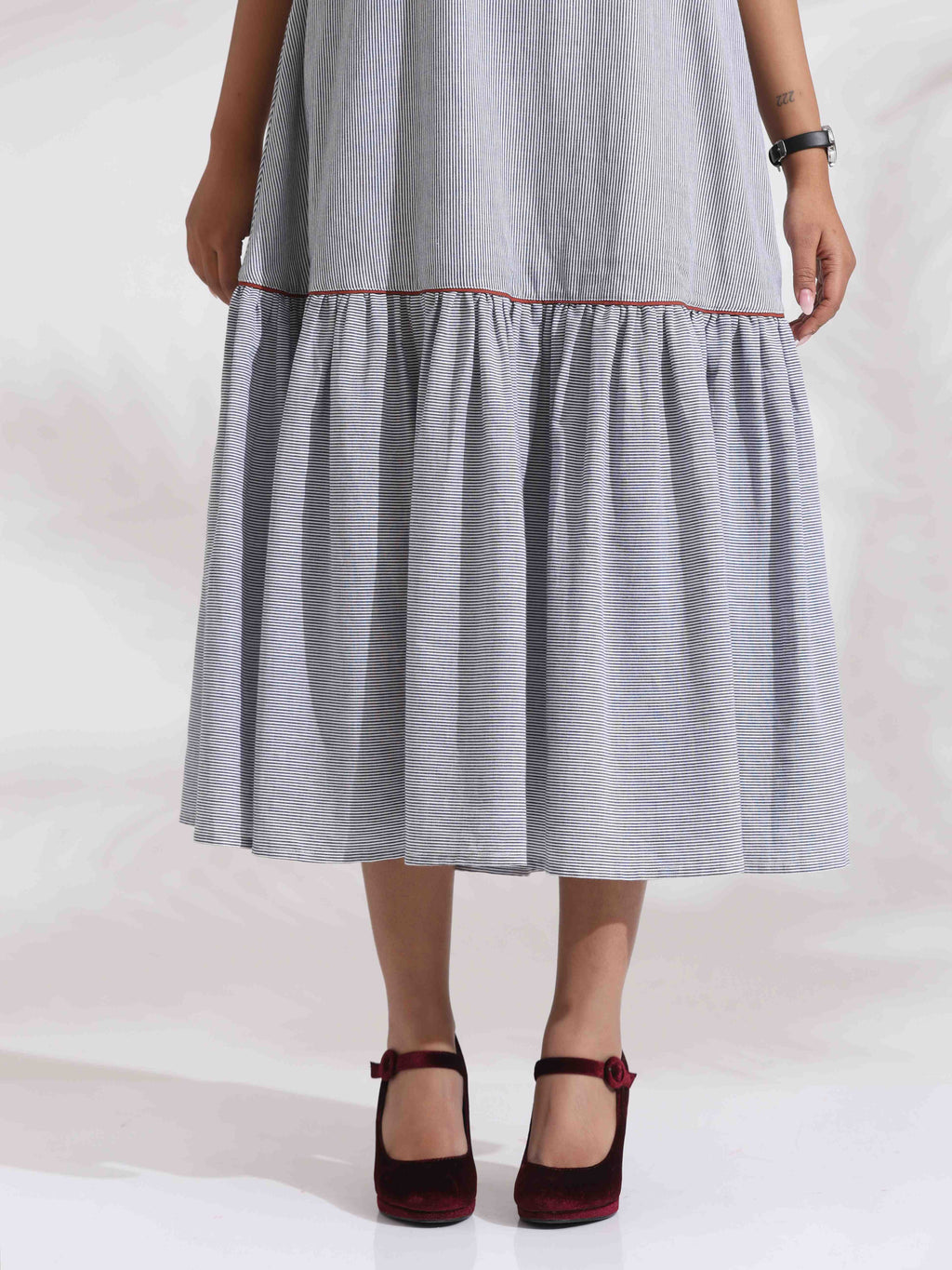 trueBrowns trueBrown Grey Cotton Stripe Tier Dress
