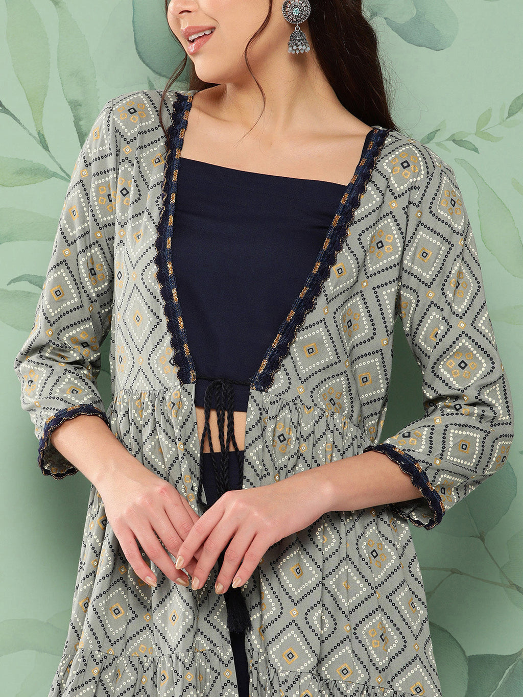 InWeave Women's Navy Top Bottom W Grey Bandhej Long Shrug Set