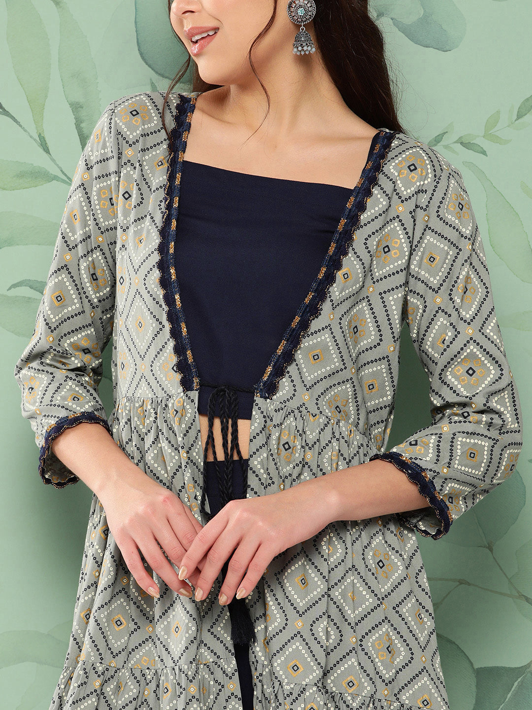 InWeave Women's Navy Top Bottom W Grey Bandhej Long Shrug Set