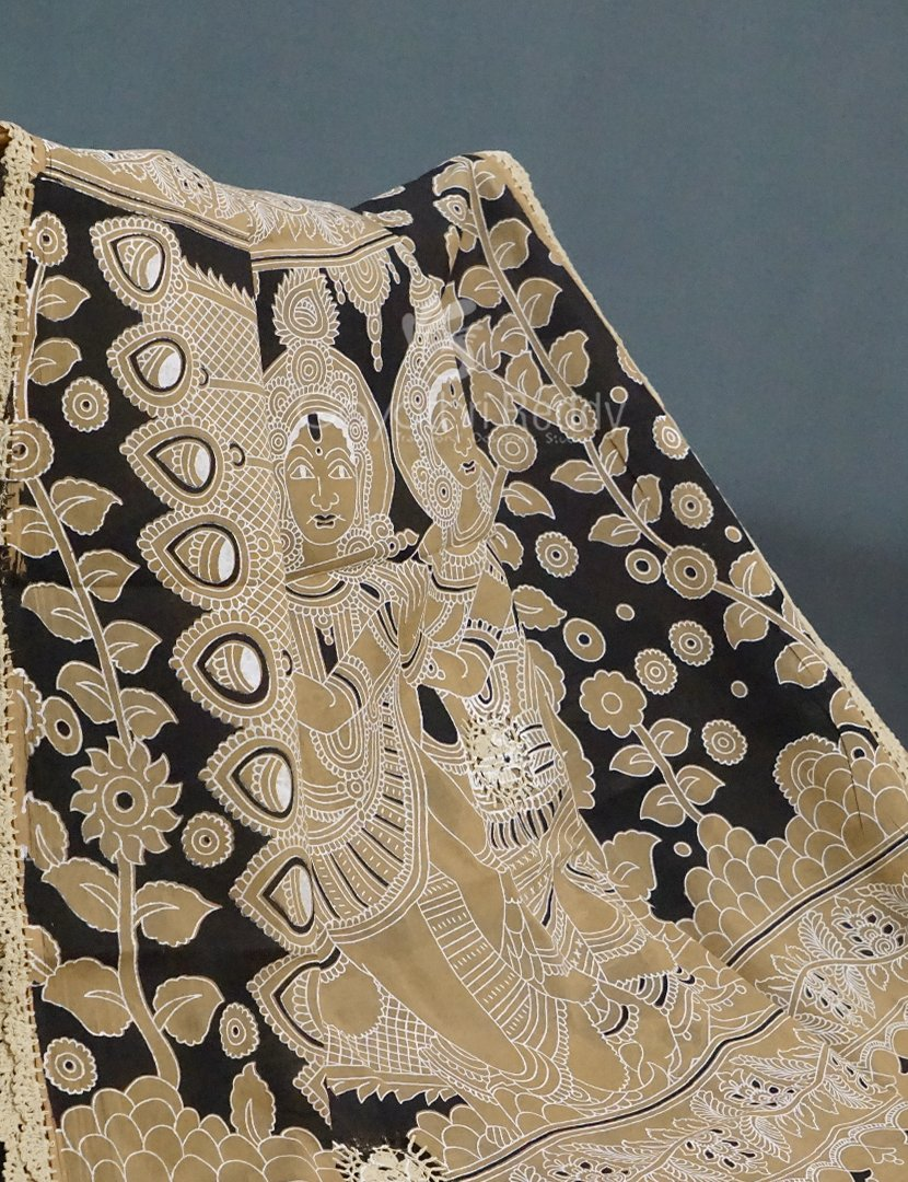Black And Khaki Combo Colour Pichwai Print Crocia Mulmul Cotton Saree By Gayathri Reddy Designer Studio