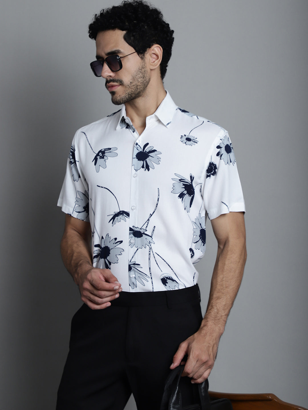 Jainish Men's Floral Printed Formal Shirts - White
