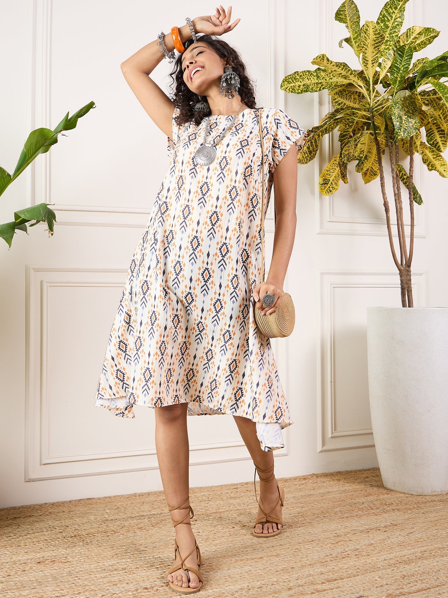 InWeave Off White Orange Black Ikkat Print Round Neck Aline Dress