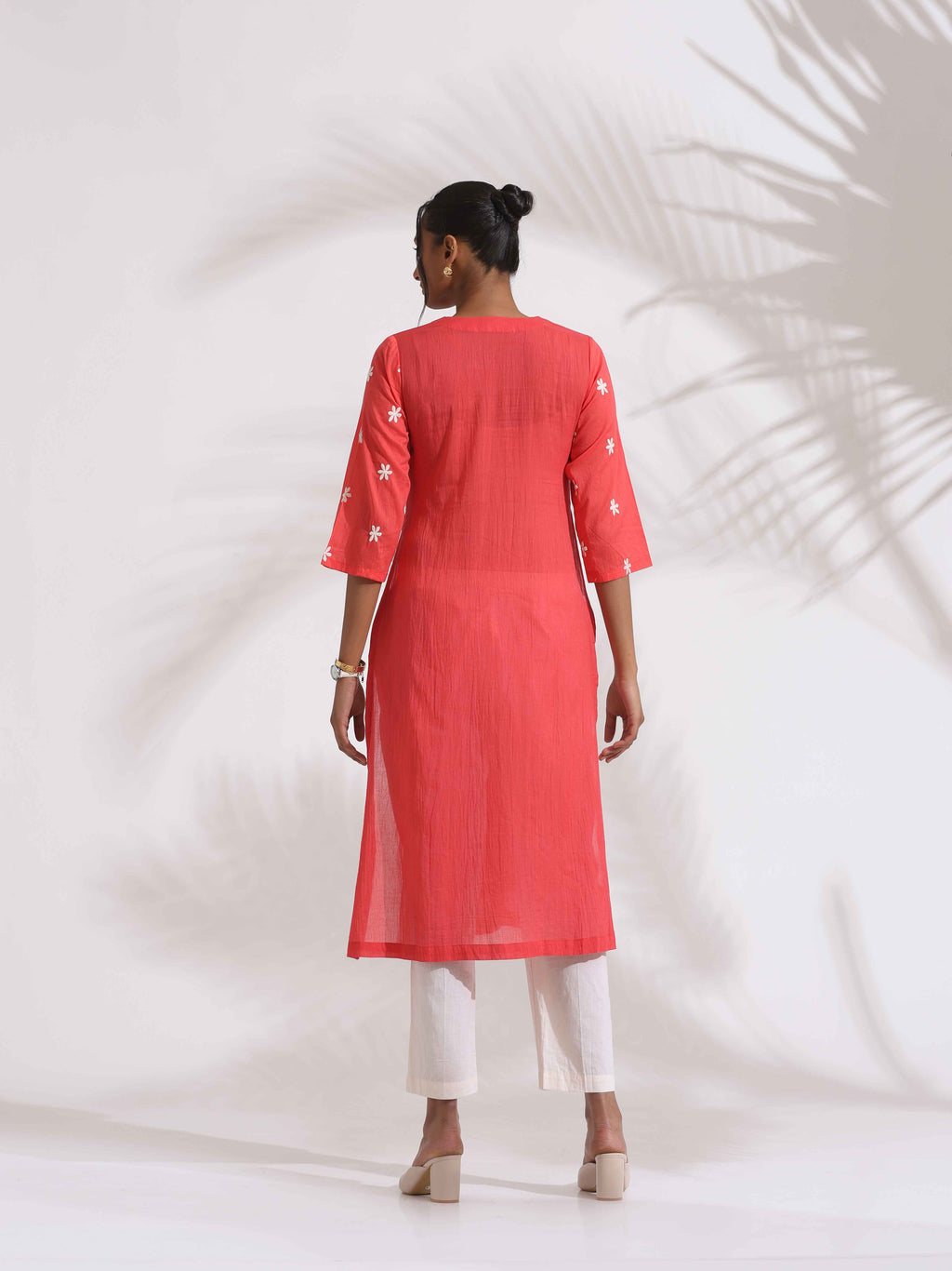 trueBrowns Orange Cotton Floral Embroidered Kurta Set