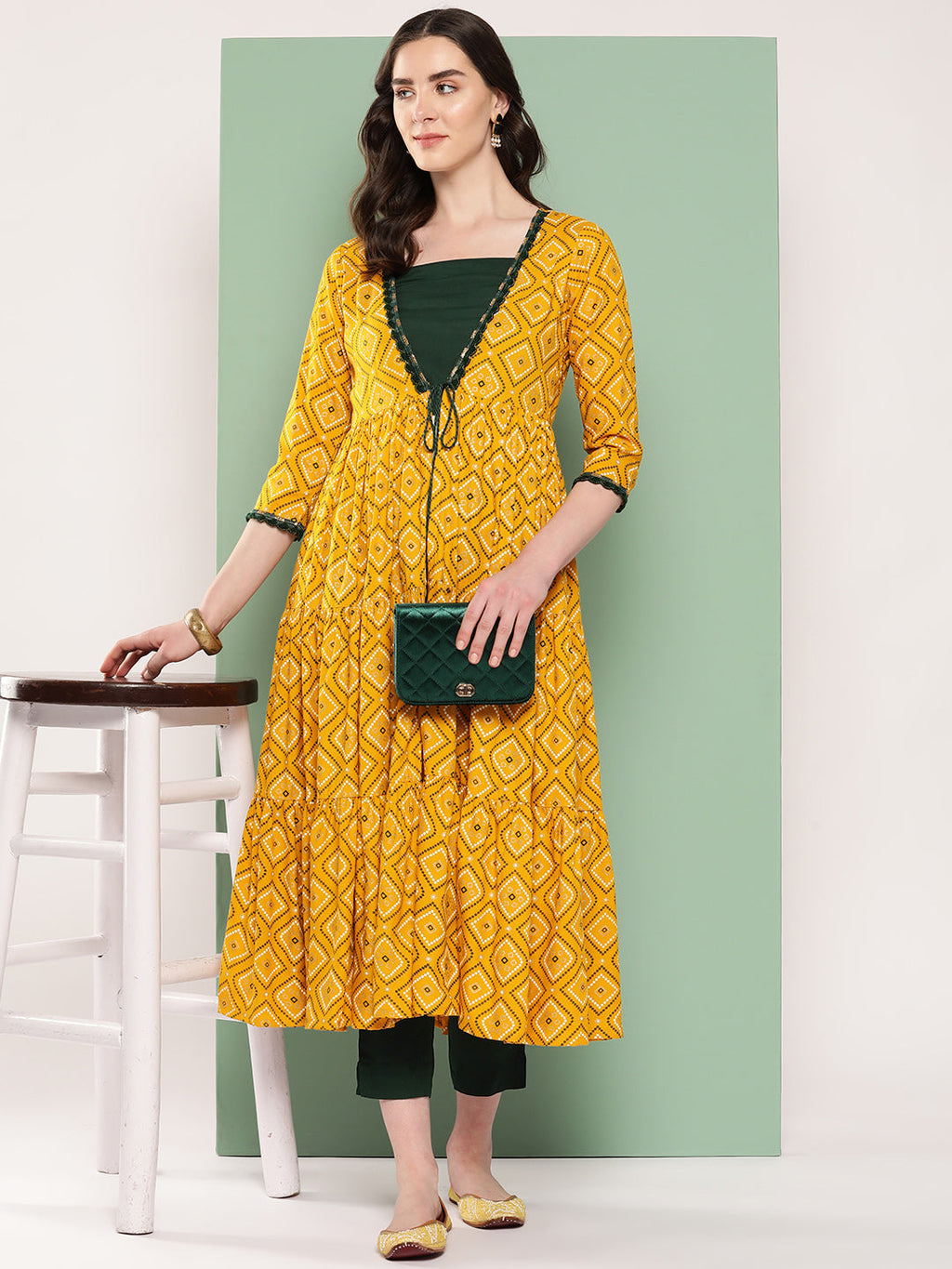 InWeave Women's Green Top Bottom W Mustard Bandhej Long Shrug Set