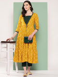 InWeave Women's Green Top Bottom W Mustard Bandhej Long Shrug Set