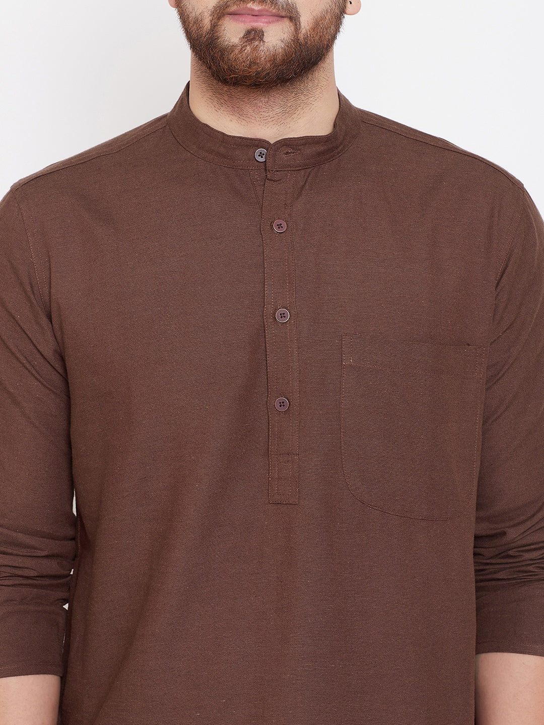 Even Apparels Brown Solid Kurta With Band Collar