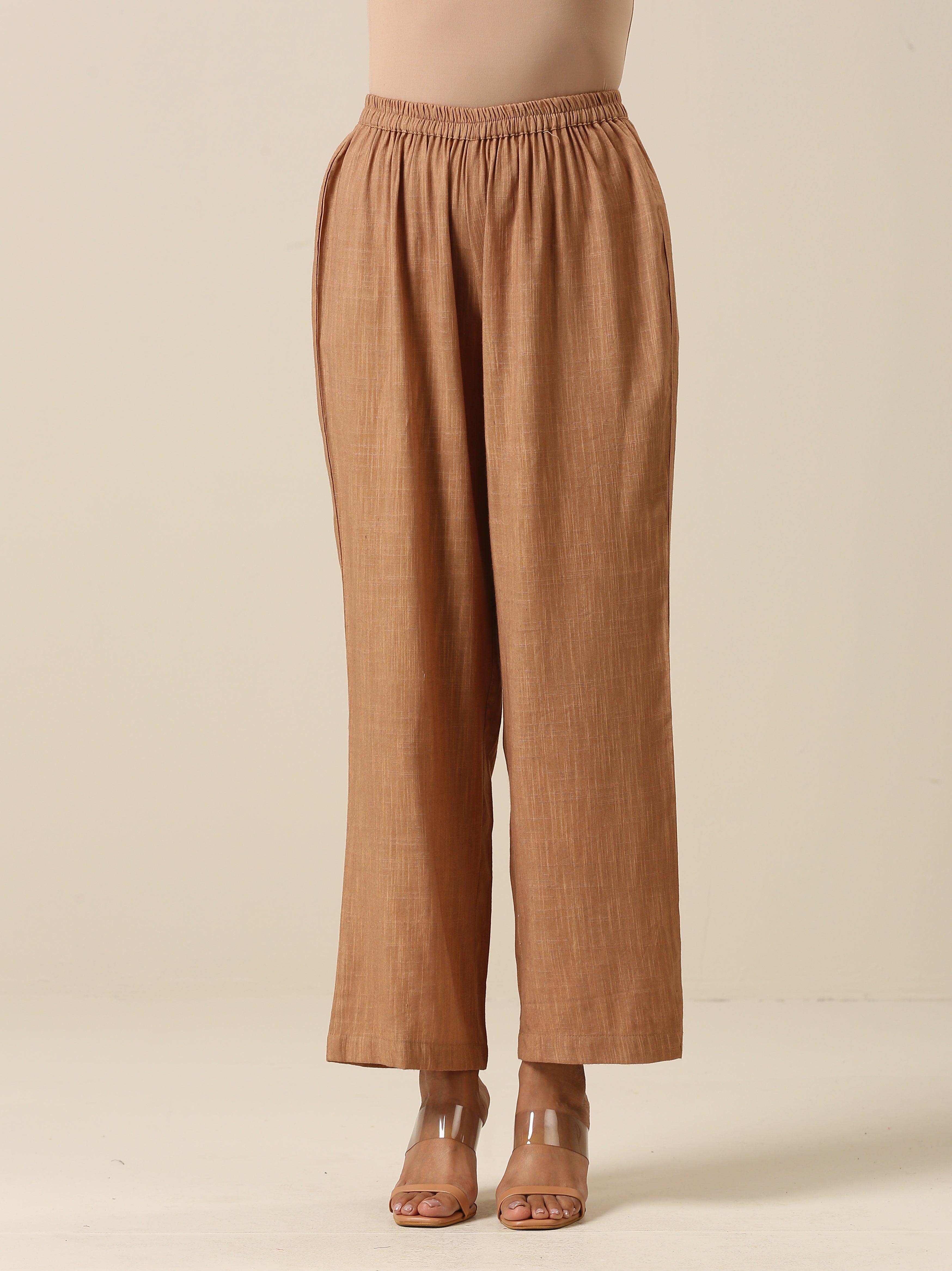 trueBrowns Light Mauve Slub Texture Neck Pleat Kurta Pant Set