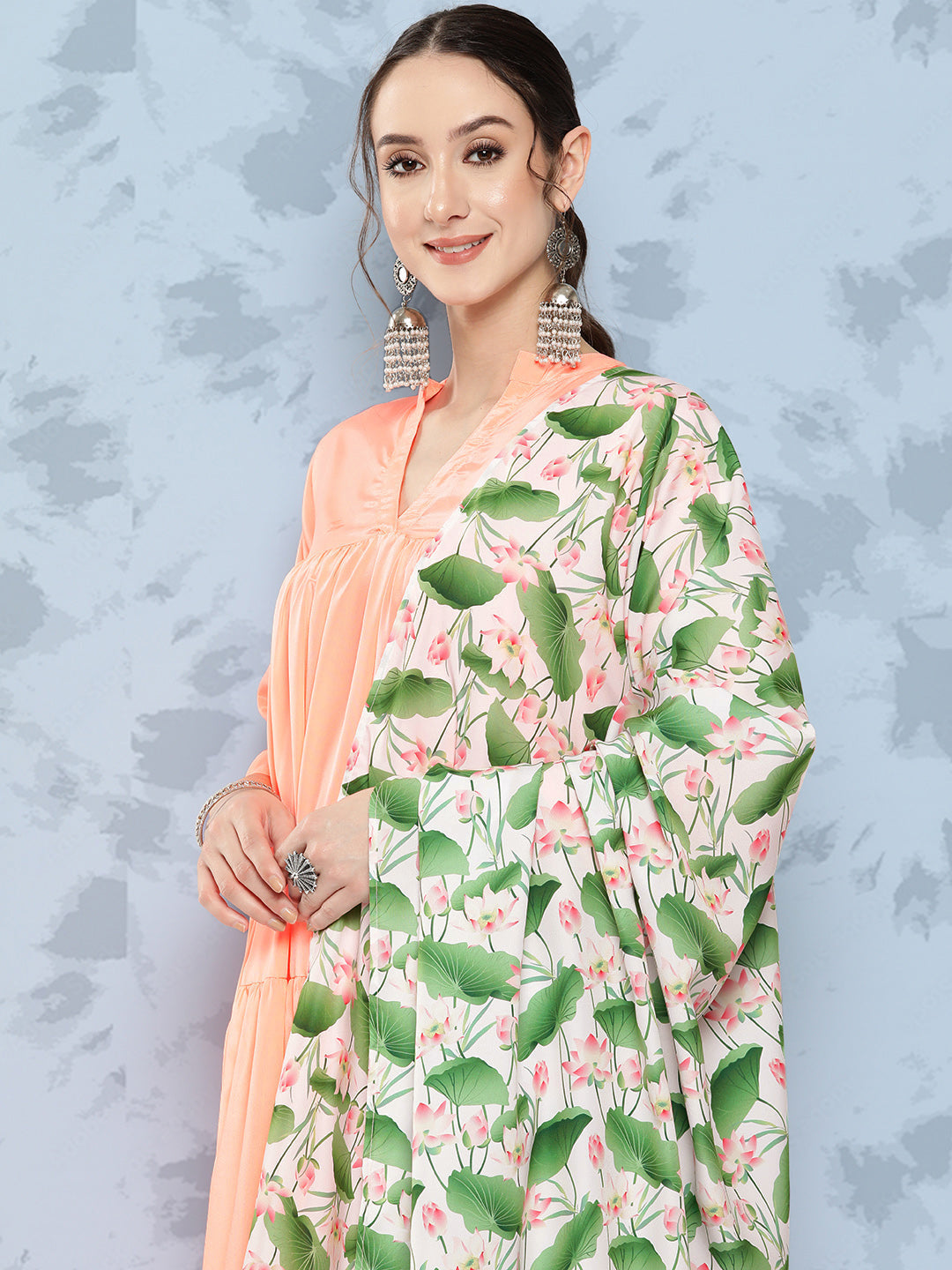 InWeave Women's Peach Tiered Kurta Set With White Pink Lotus Cr Dupatta