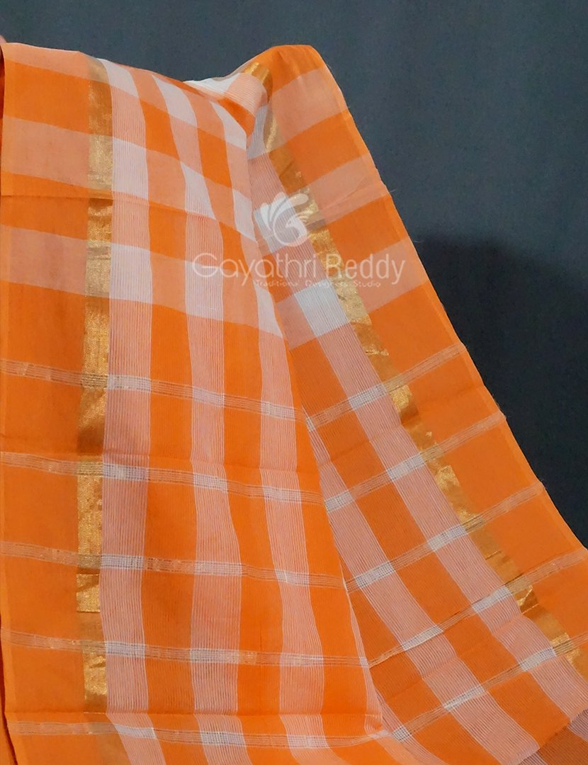 Cream And Orange Colored With Checks Pure Mangalgiri Cotton Saree By Gayathri Reddy Designer Studio