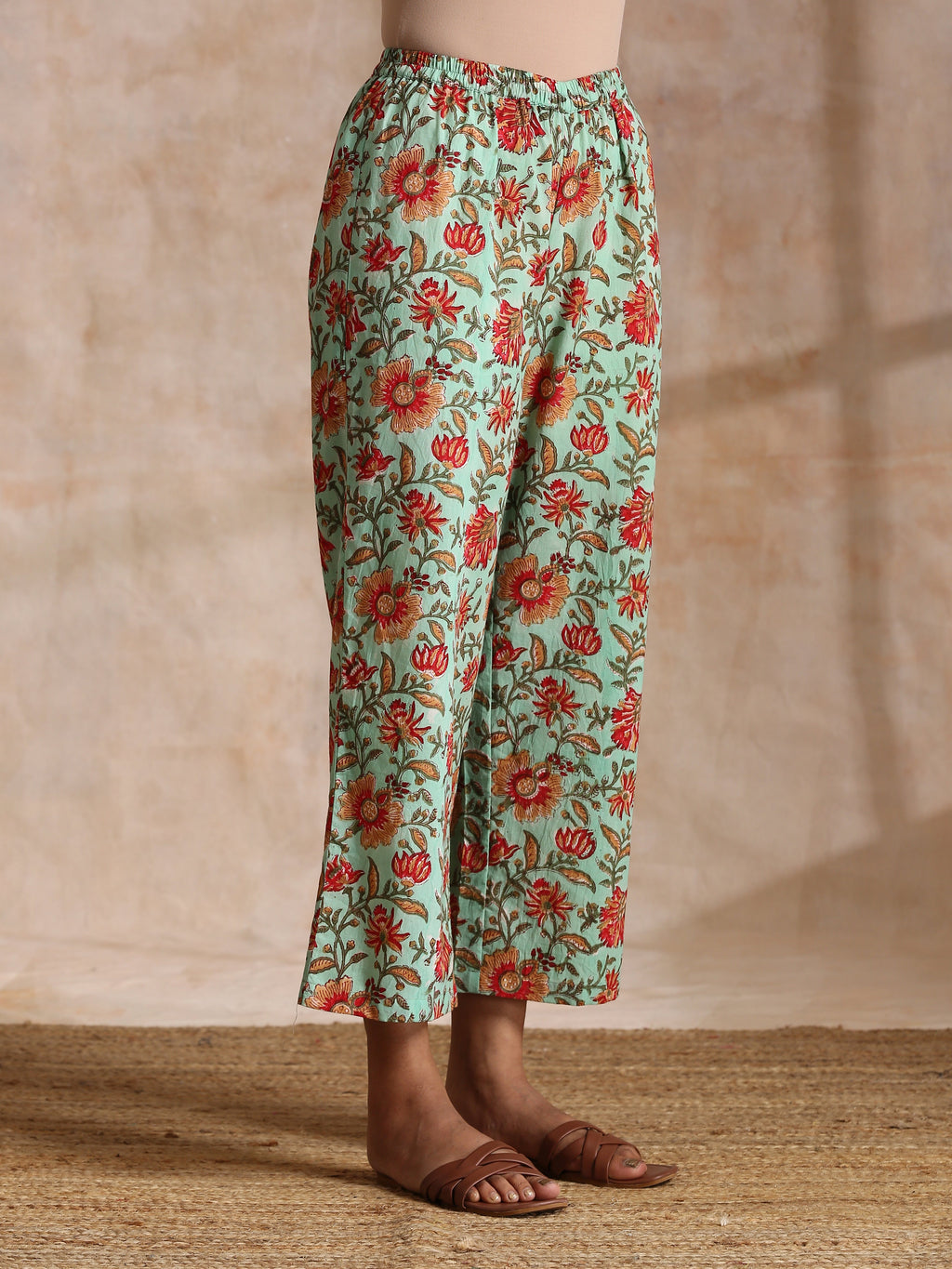 trueBrowns Seafoam Green Overall Floral Block Print Cotton Angrakha Pant Set