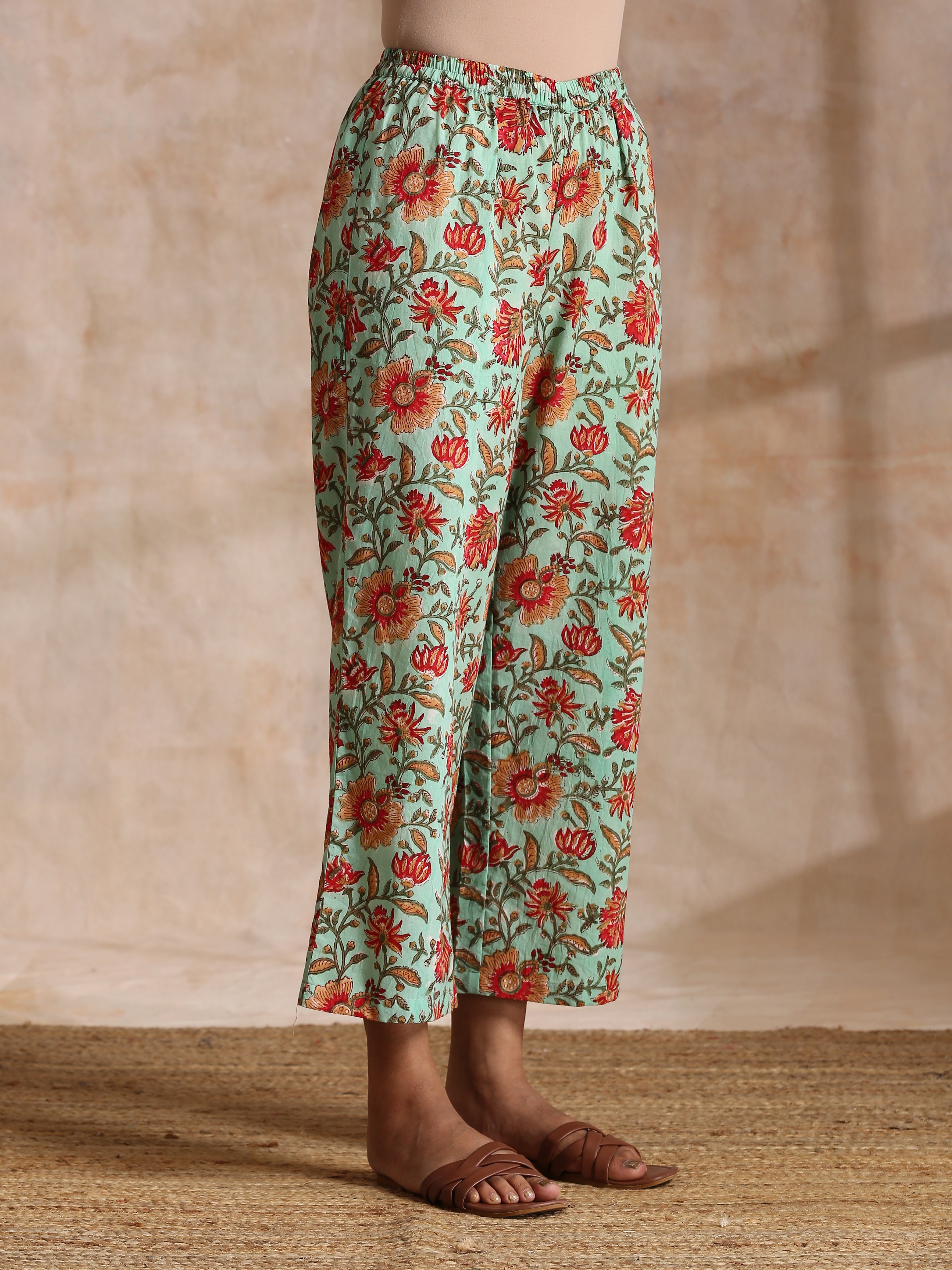 trueBrowns Seafoam Green Overall Floral Block Print Cotton Angrakha Pant Set