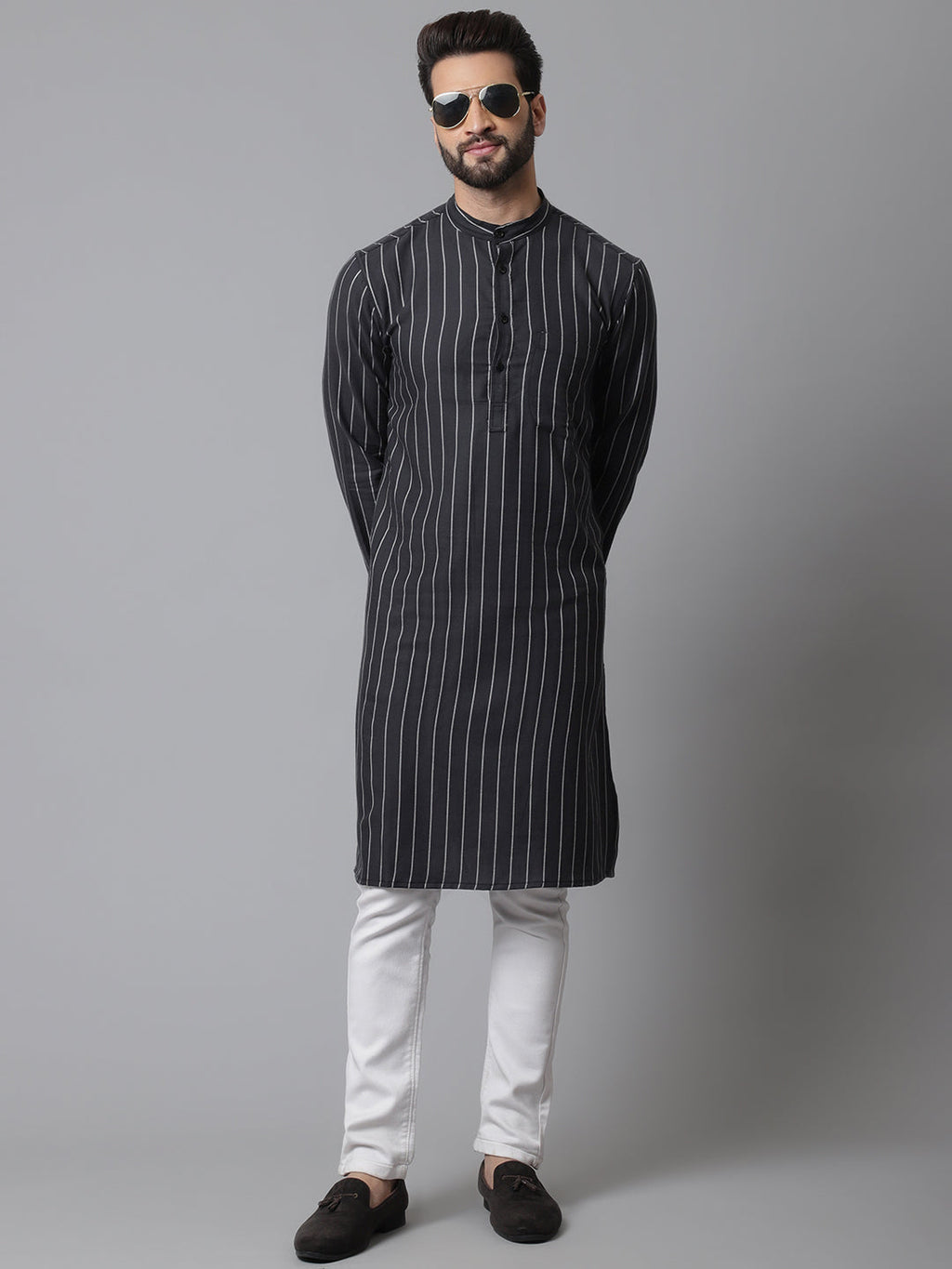 Even Apparels Black Pure Cotton Kurta With Band Collar