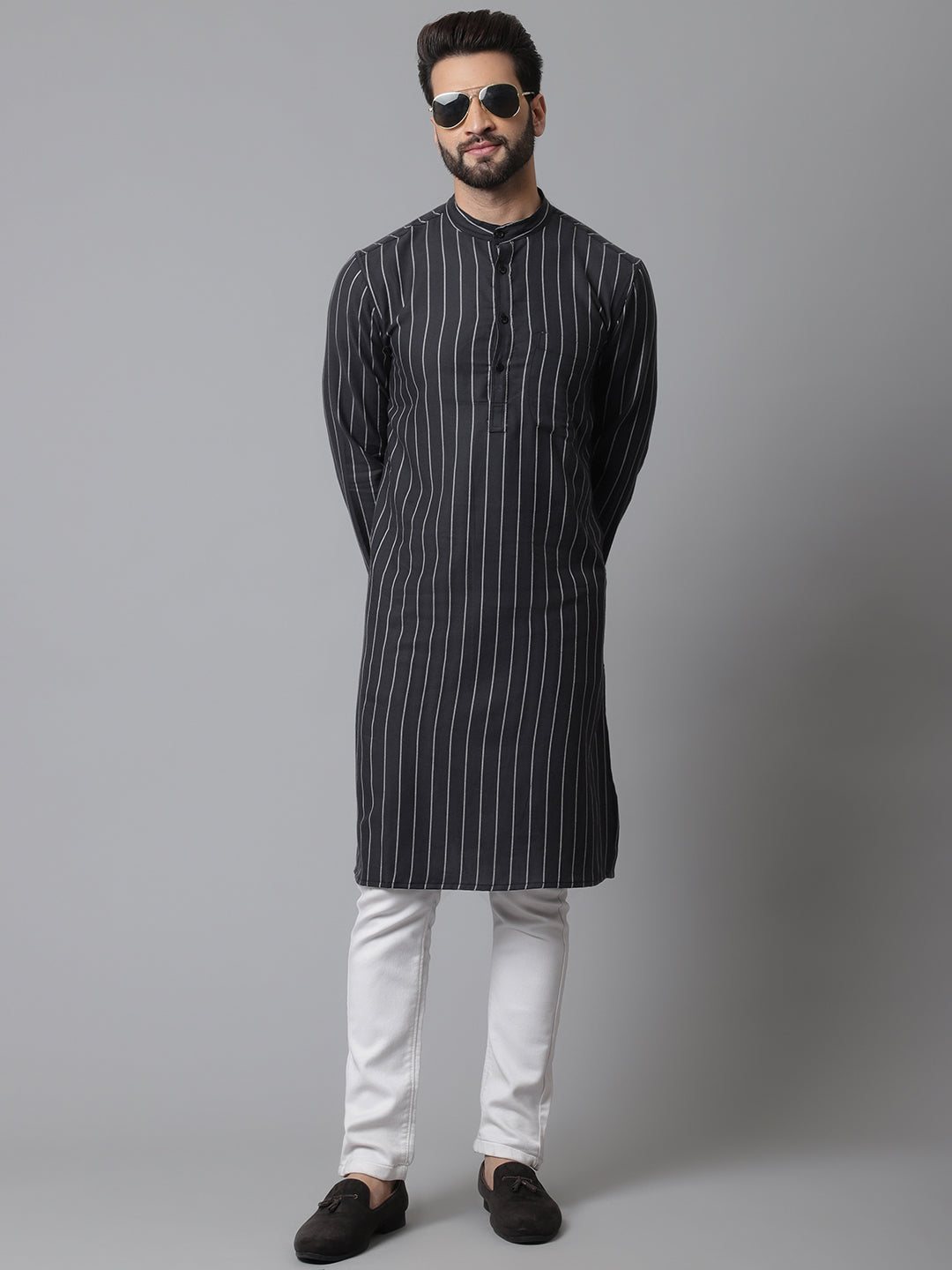 Even Apparels Black Pure Cotton Kurta With Band Collar