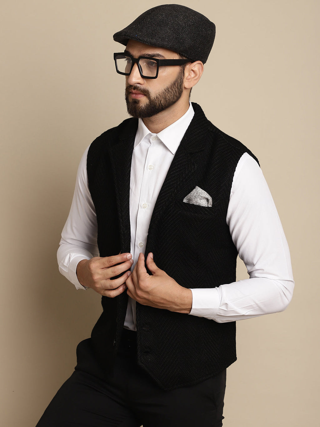 Even Apparels Men's Black Wool Waistcoat with Notched Lapel