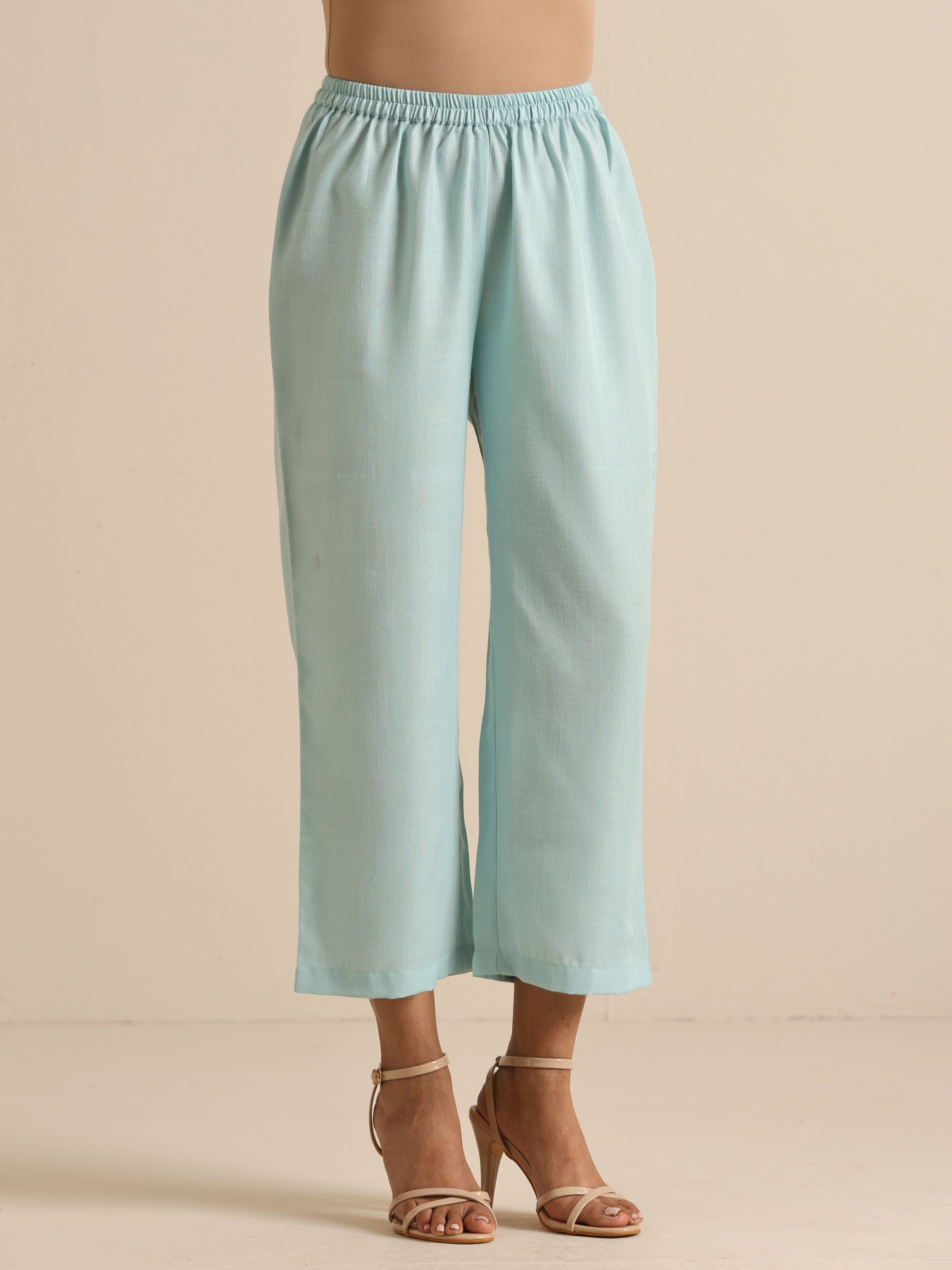 trueBrowns Sky Blue Slub Sleeveless Flared Kurta Pant Set