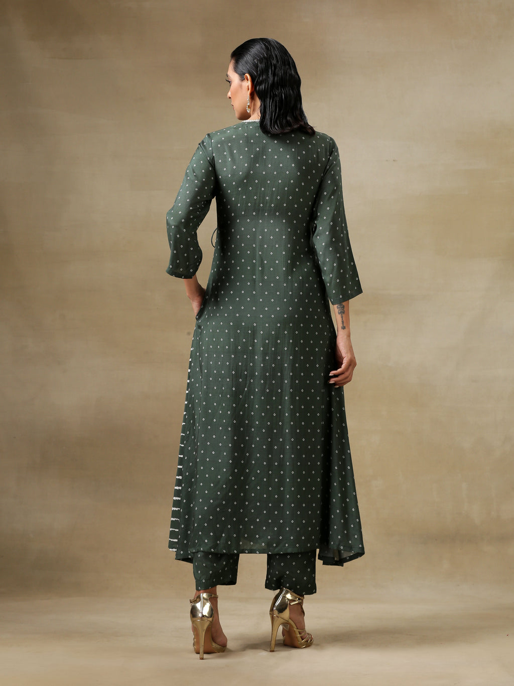 trueBrowns Dark Green Bandhani Printed Silk Angrakha Kurta Pant Set