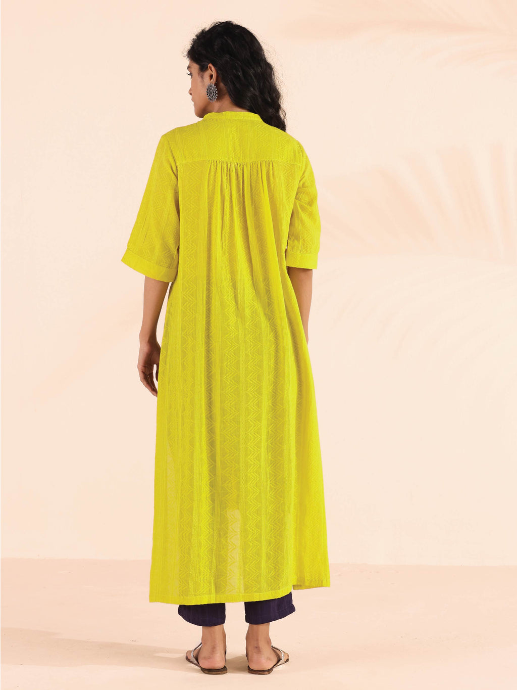 trueBrowns Lime Cotton Dobby High-Low Kurta Pant Set
