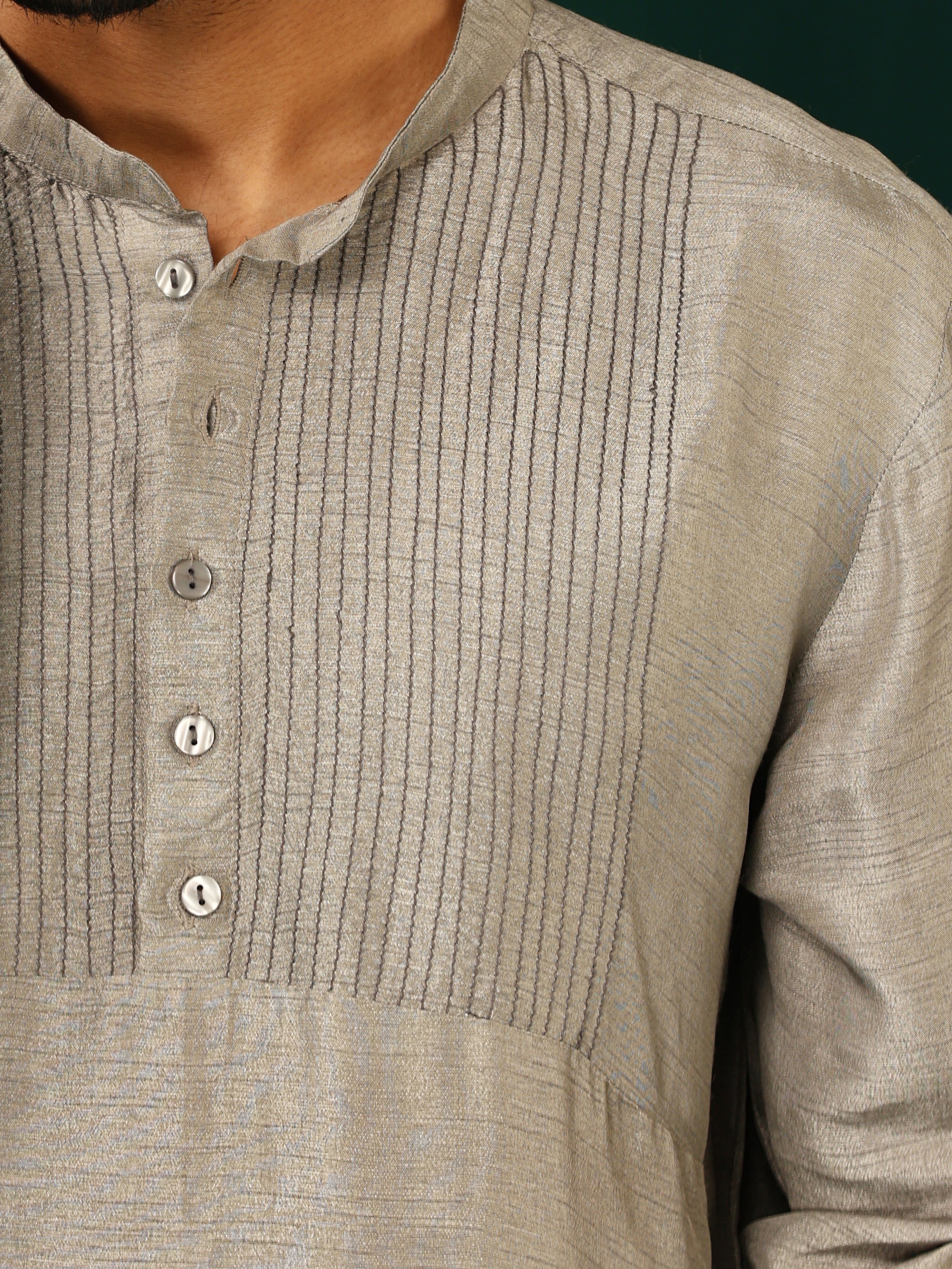 trueBrowns Men's Grey Silk Co-ord Set Yoke Detail