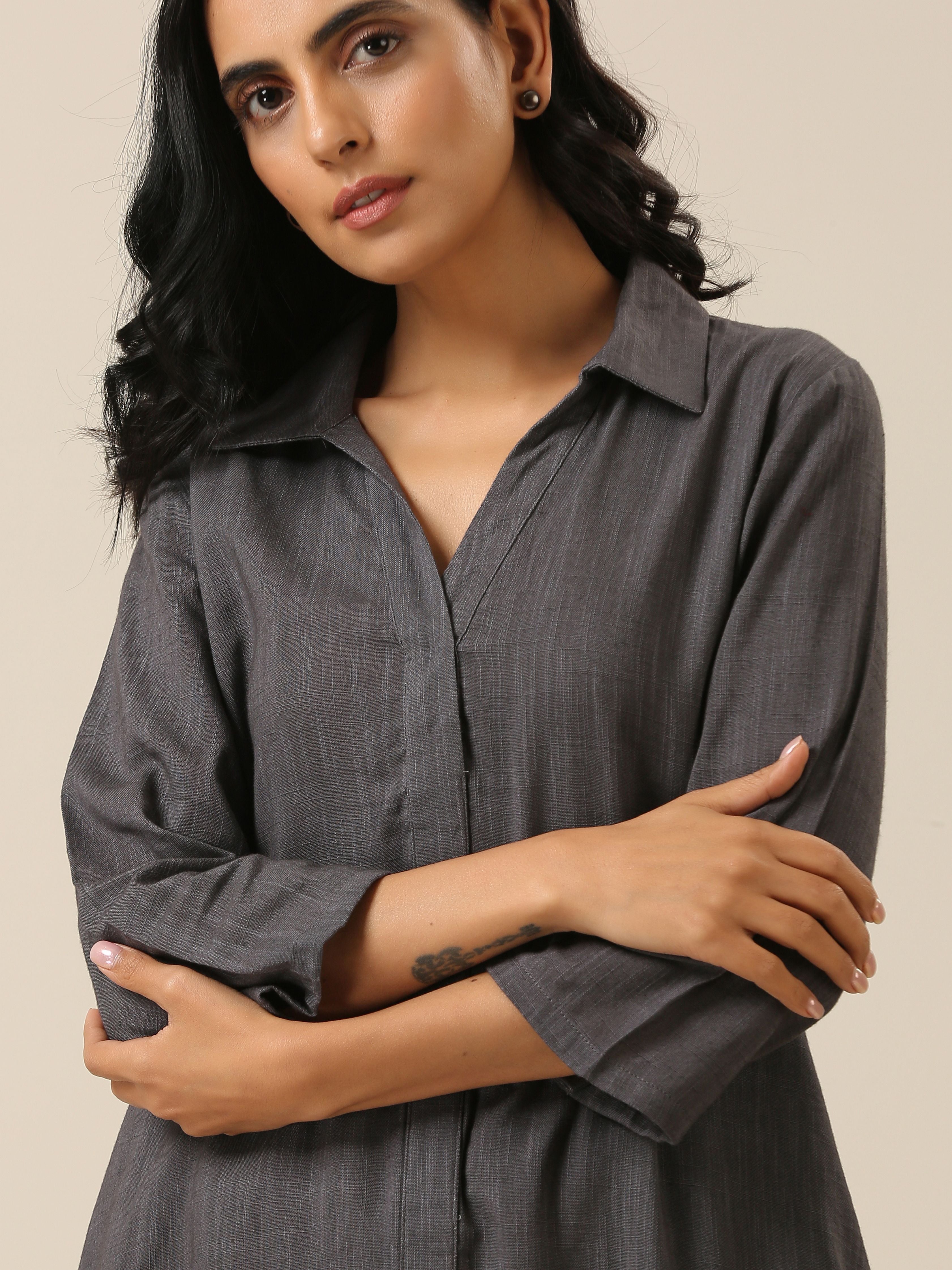 trueBrowns Slate Grey Slub Texture Collar Short Co-Ord Set