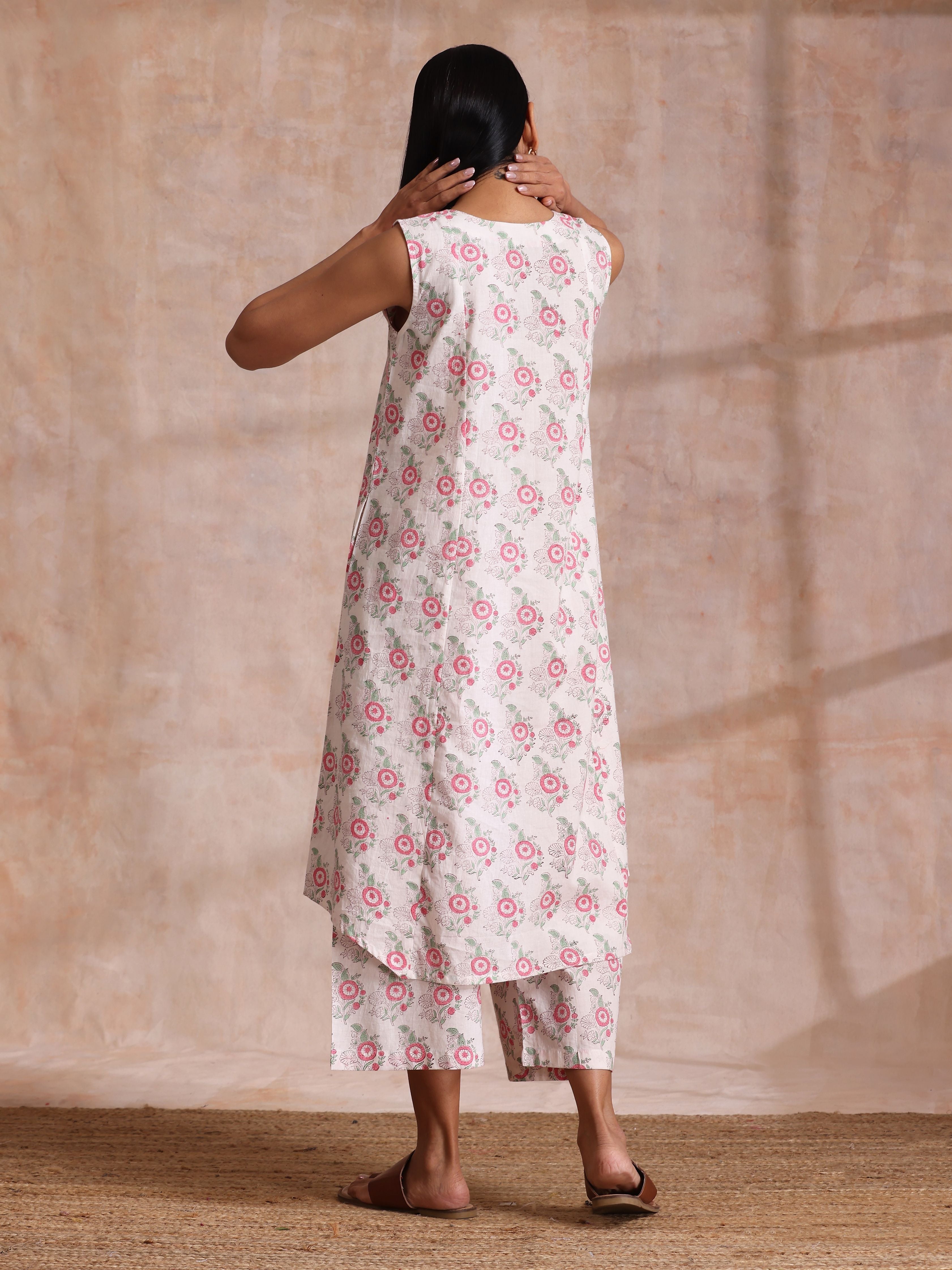 trueBrowns Pink Green Buta On White Block Print Cotton High-Low Co-Ord Set