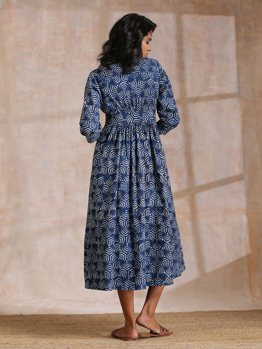 trueBrowns Indigo Dabu Overall Print Cotton Wrap Dress