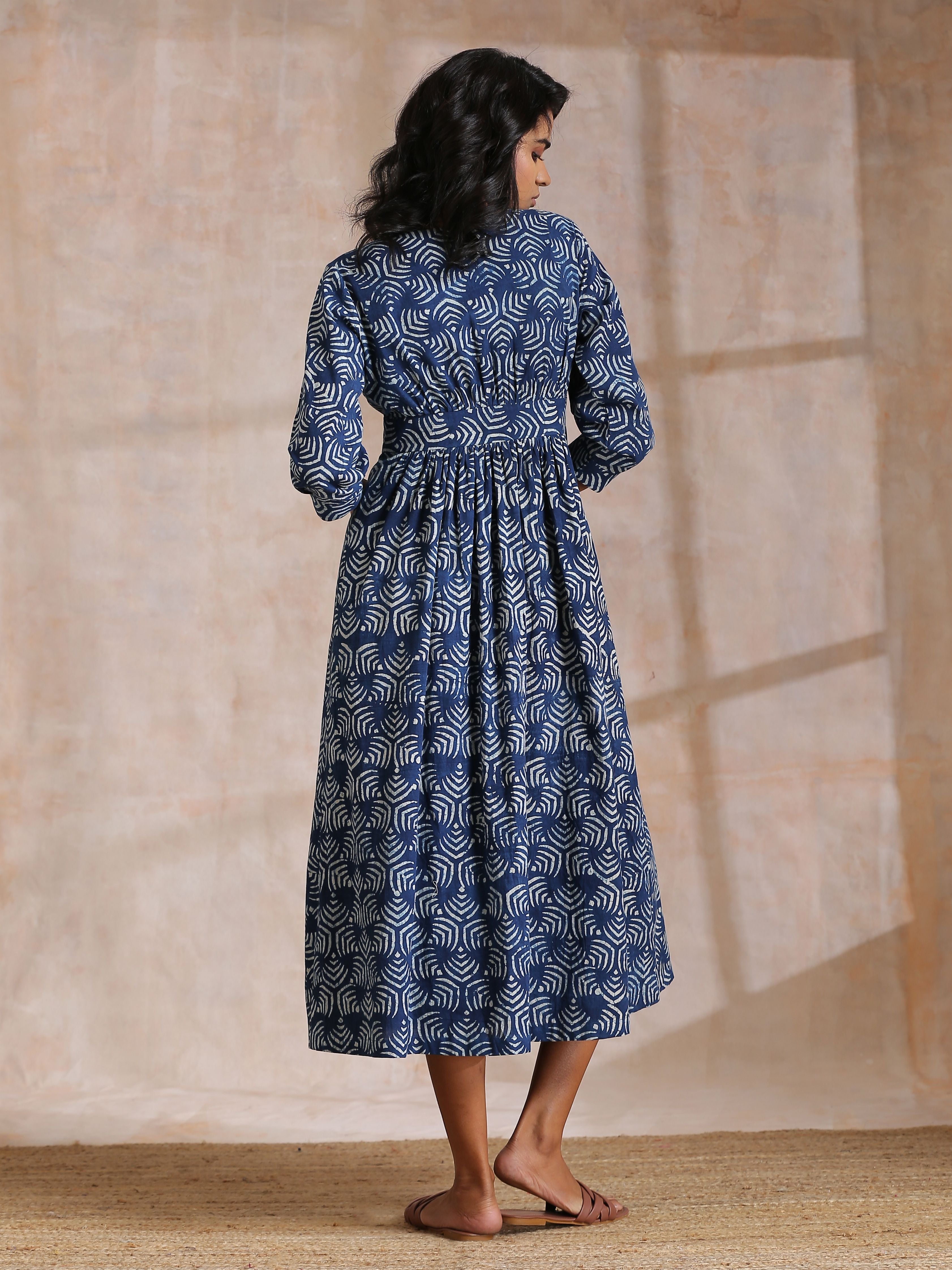 trueBrowns Indigo Dabu Overall Print Cotton Wrap Dress