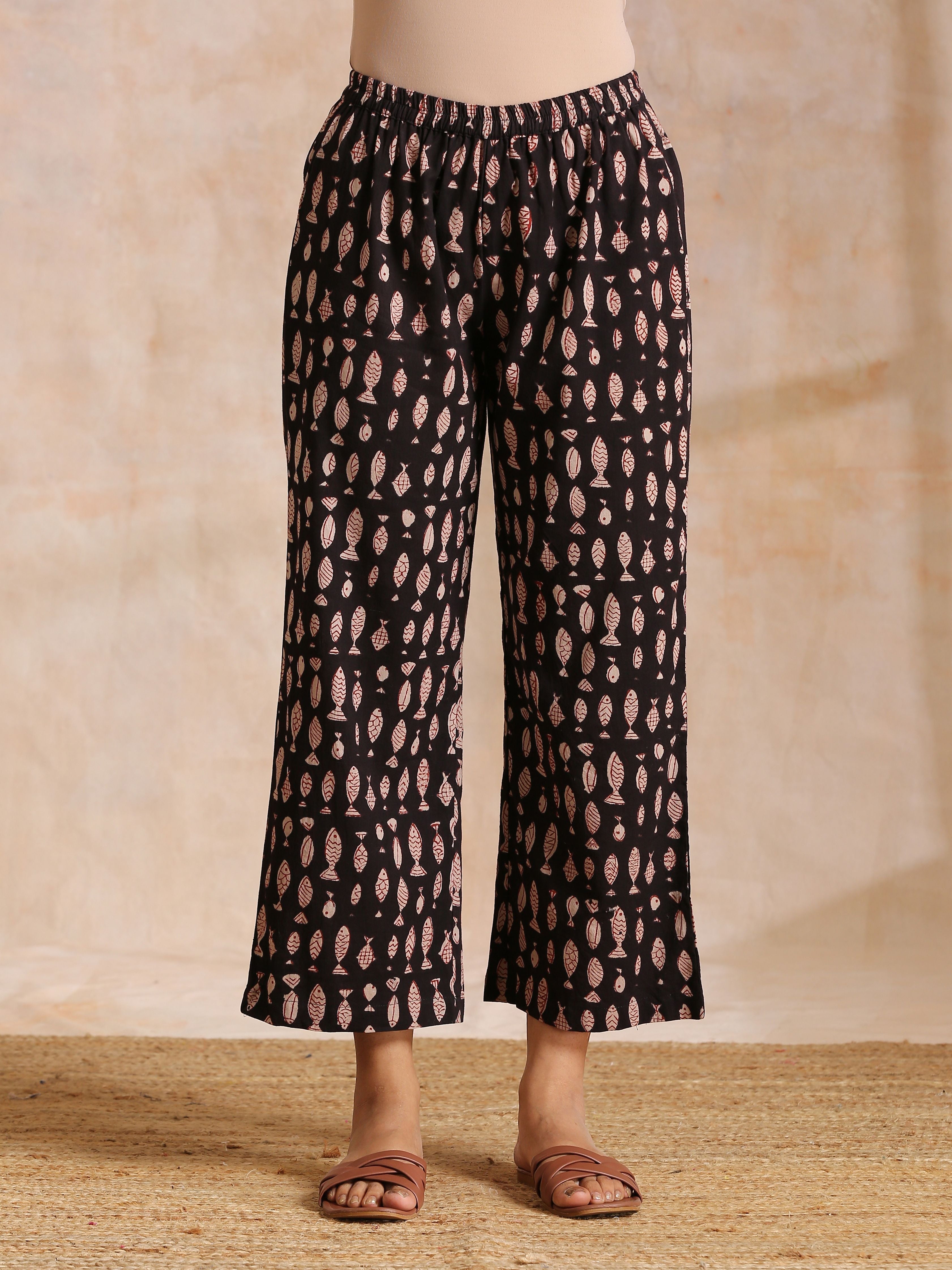 trueBrowns Black Fish Bagru Print Cotton Angrakha Pant Set