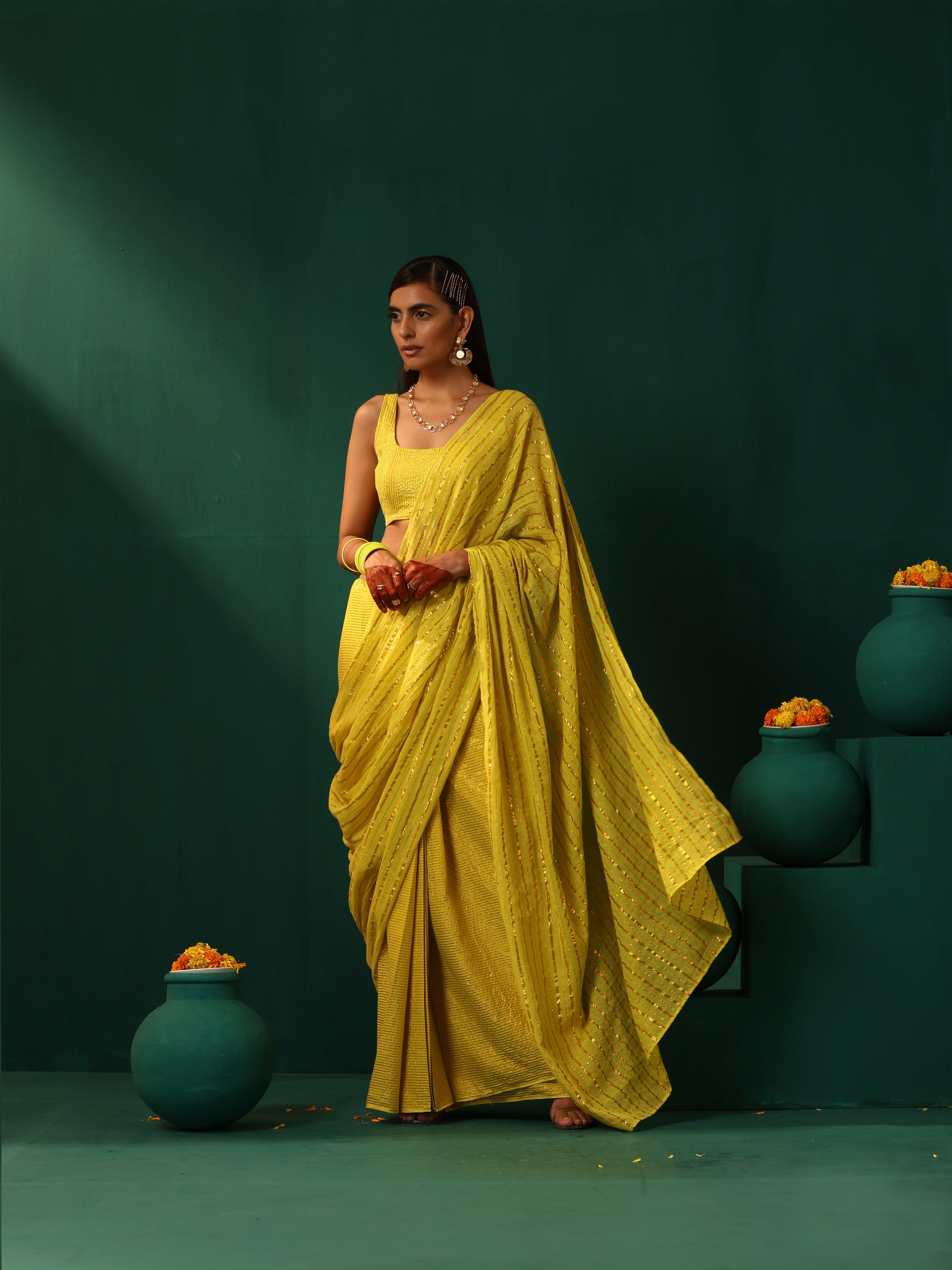 trueBrowns Lime Cotton Gold Lurex Striped Ready to Wear Saree