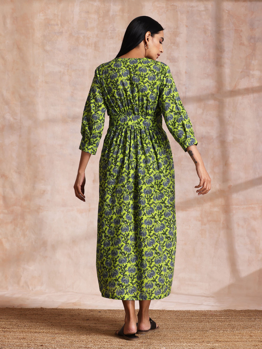 trueBrowns Lime Green Overall Blue Floral Block Print Cotton Wrap Dress