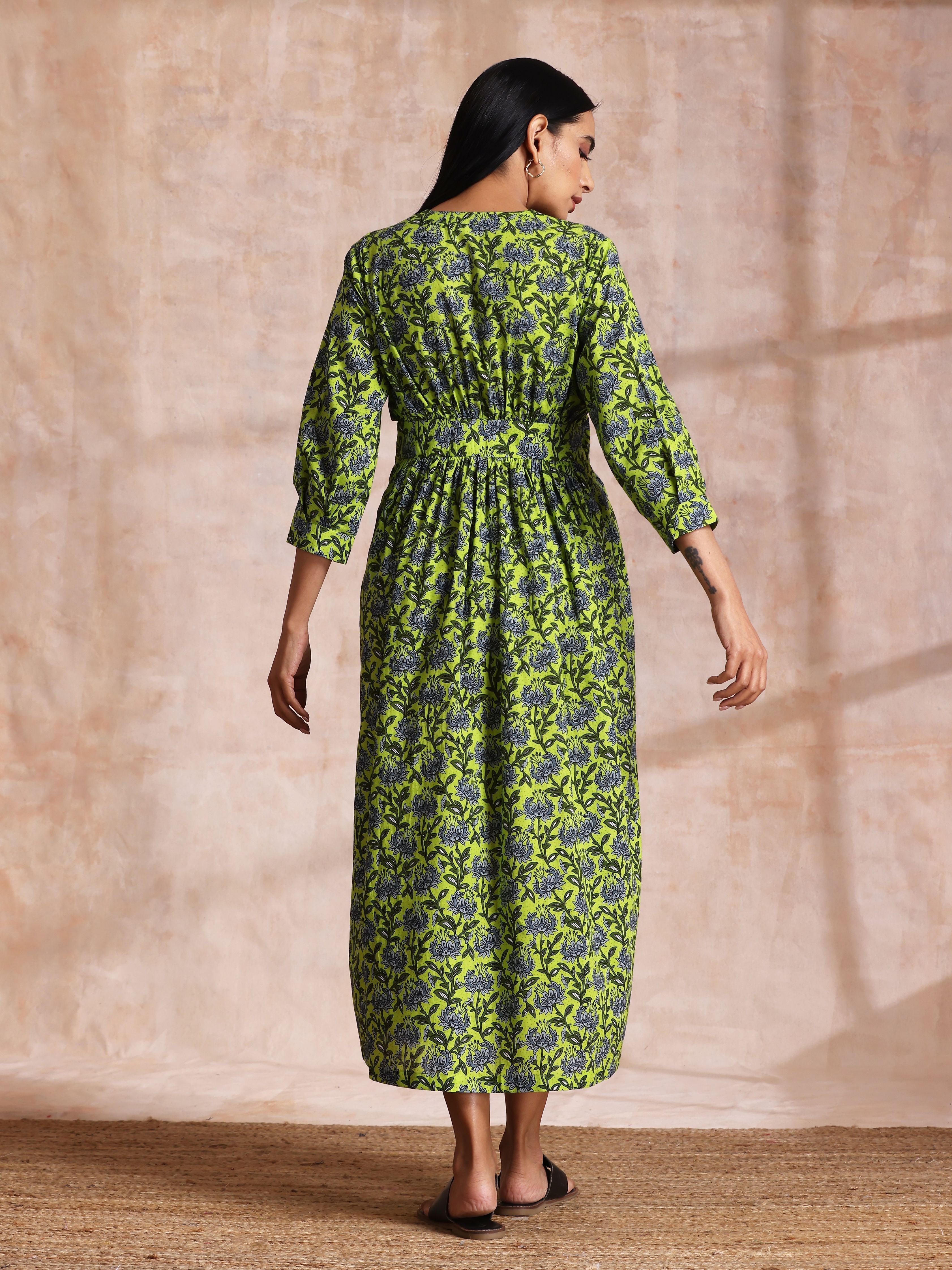 trueBrowns Lime Green Overall Blue Floral Block Print Cotton Wrap Dress