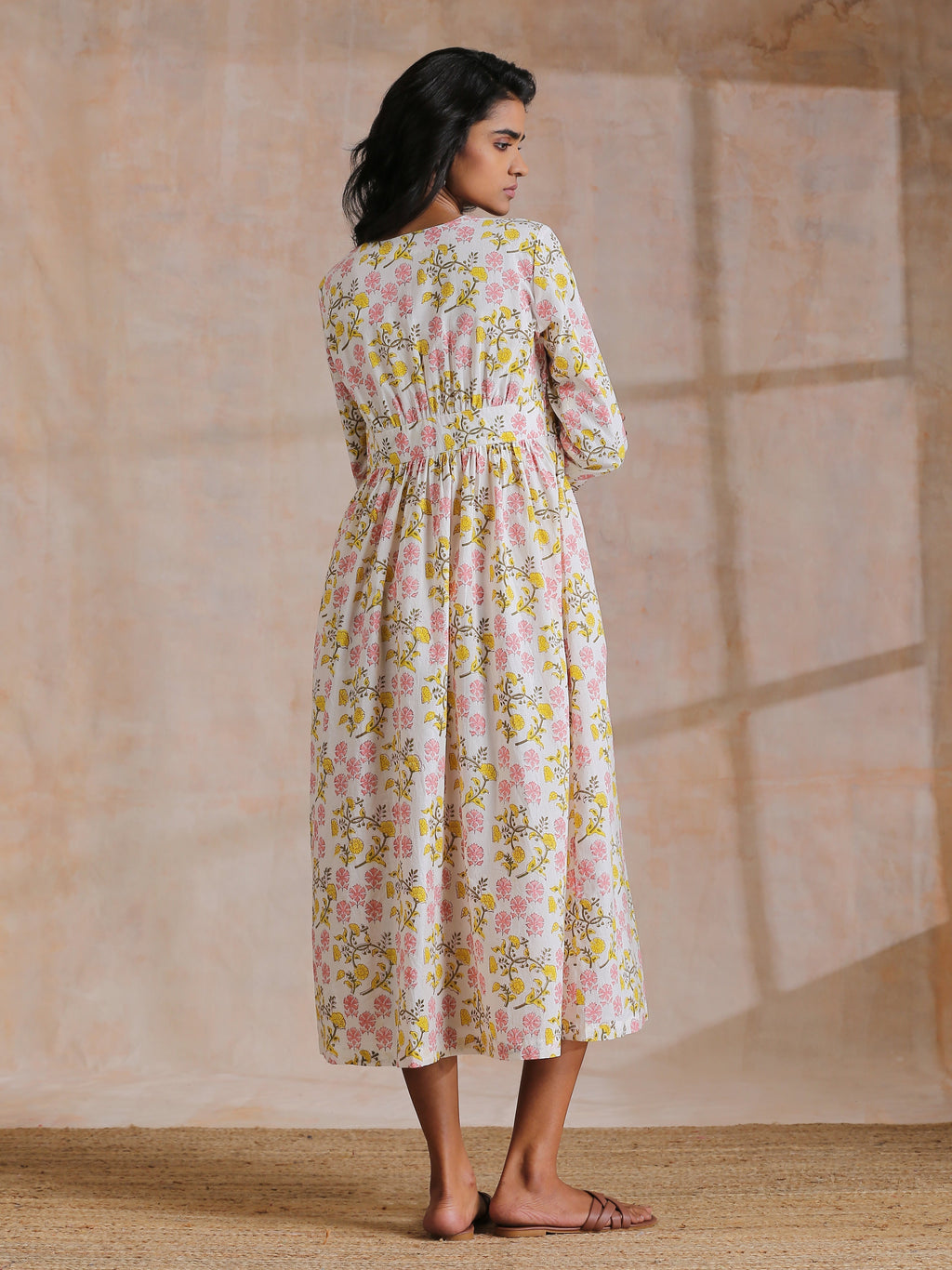 trueBrowns Pink Yellow Floral On White Block Print Cotton Wrap Dress