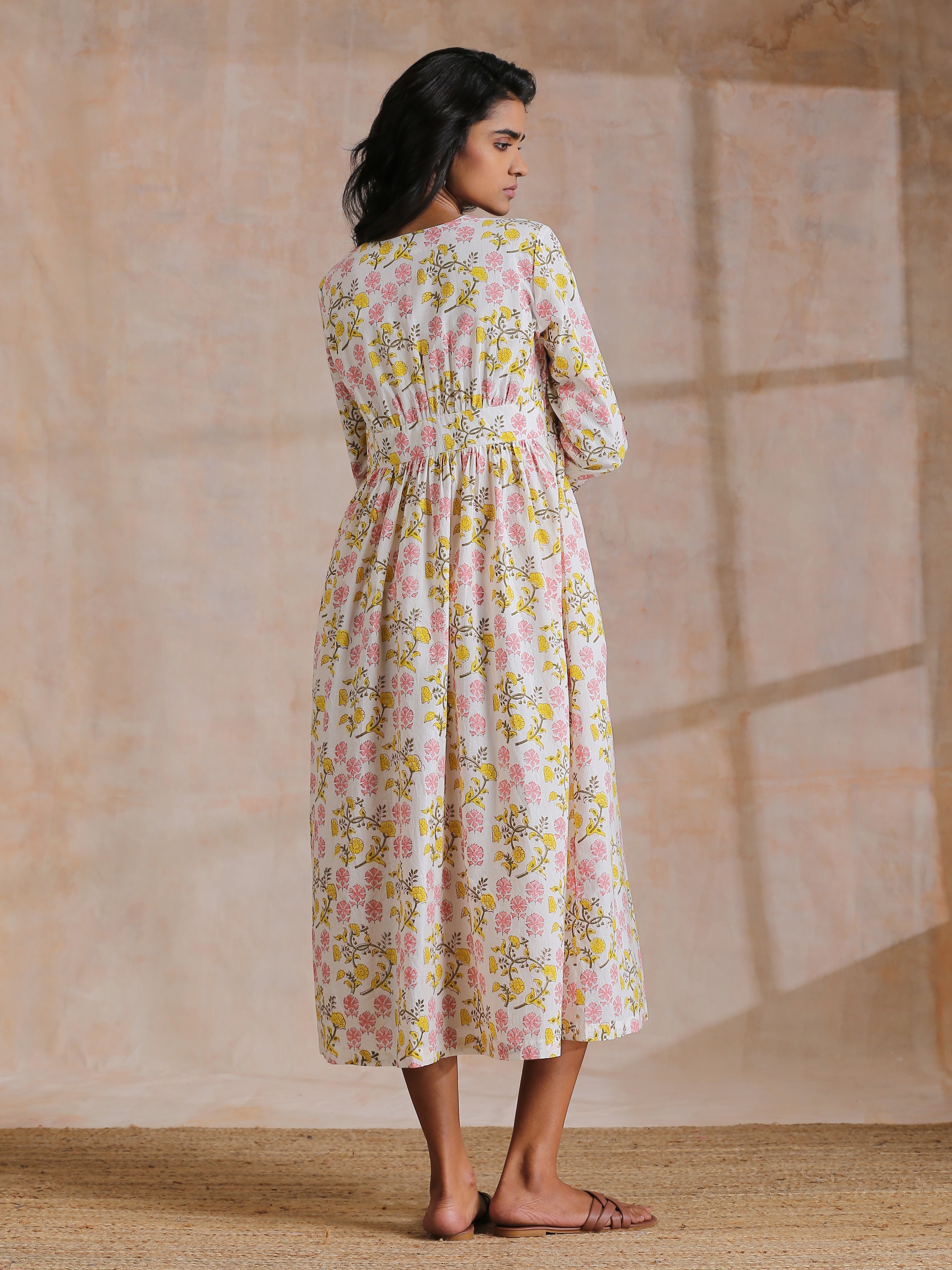 trueBrowns Pink Yellow Floral On White Block Print Cotton Wrap Dress