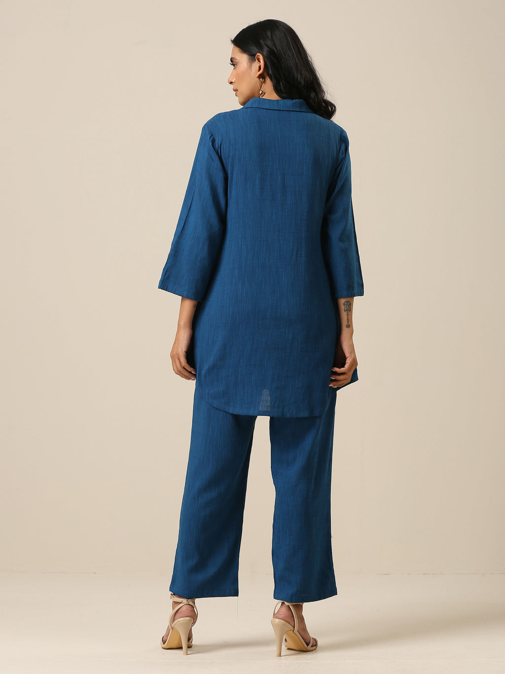 trueBrowns Classic Blue Slub Texture Collar Short Co-Ord Set