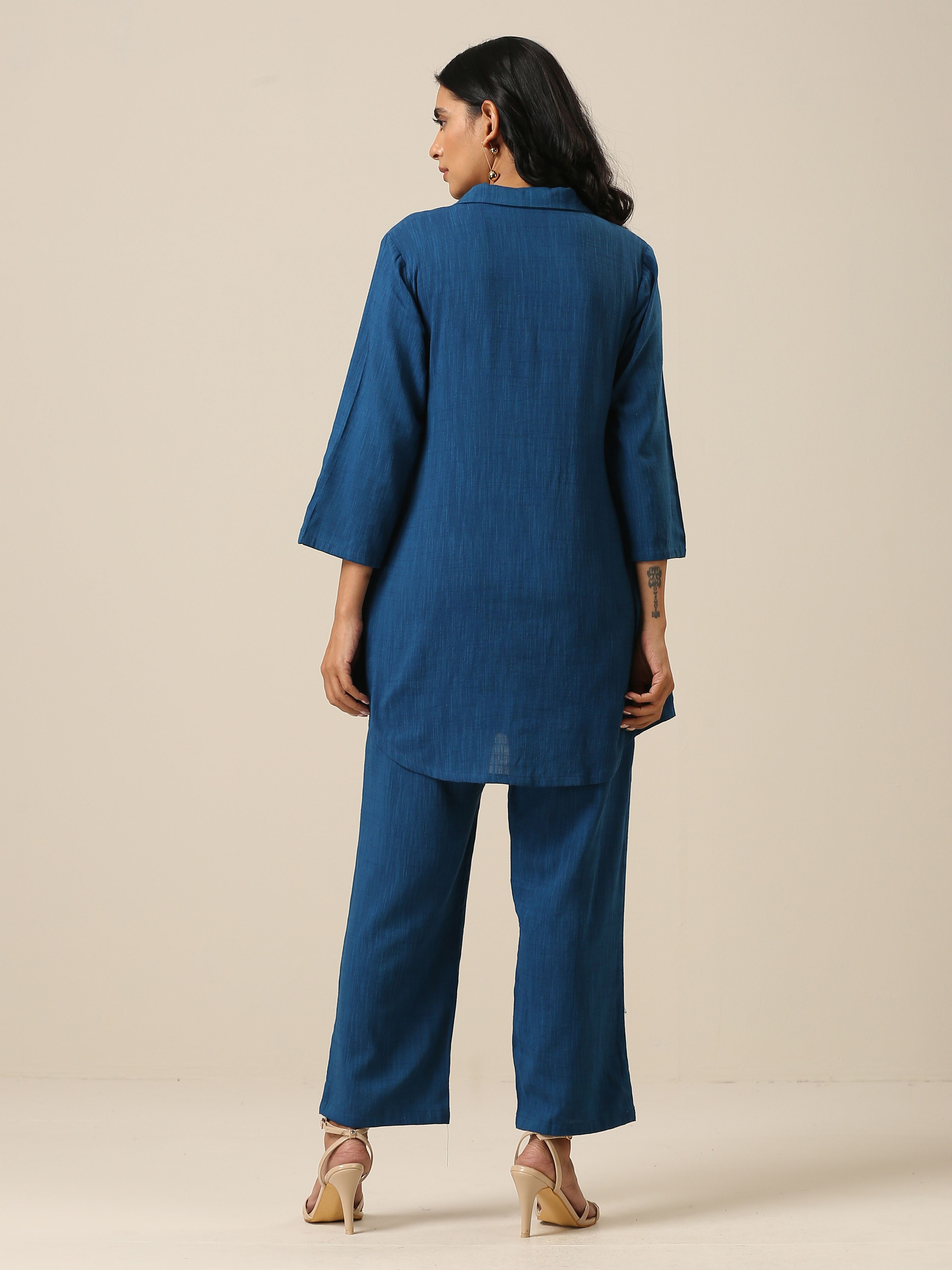trueBrowns Classic Blue Slub Texture Collar Short Co-Ord Set