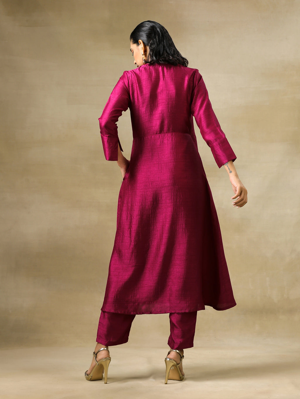 trueBrowns Purple Textured Silk Angrakha Kurta Pant Set