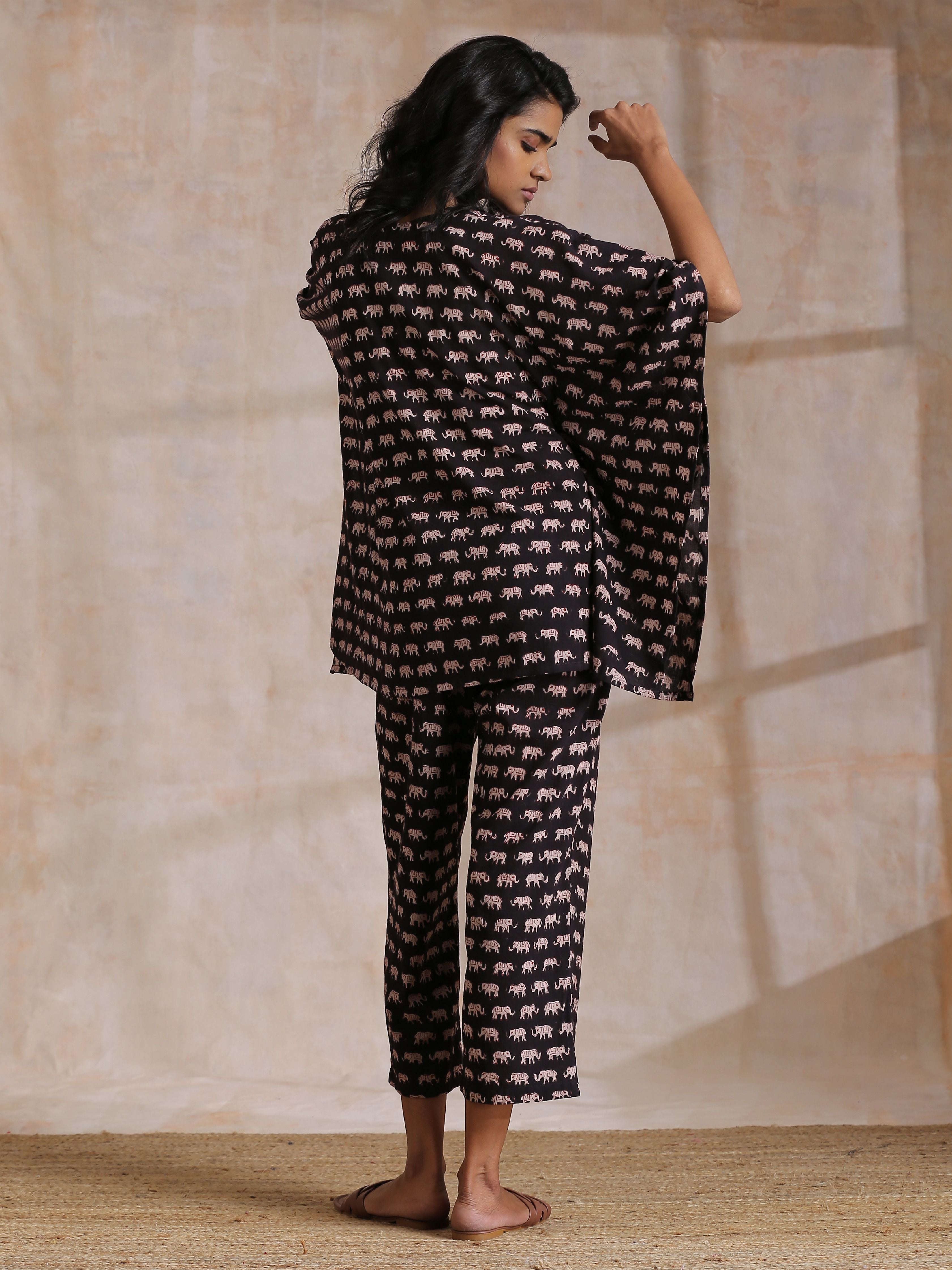 trueBrowns Black Elephant Bagru Print Cotton Kaftan Co-Ord Set