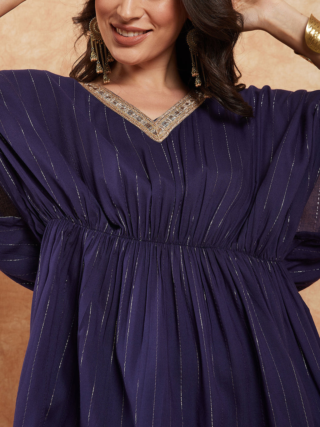 InWeave Women's Royal Blue Lurex V Neck Gota Kaftan Style Kurta Set