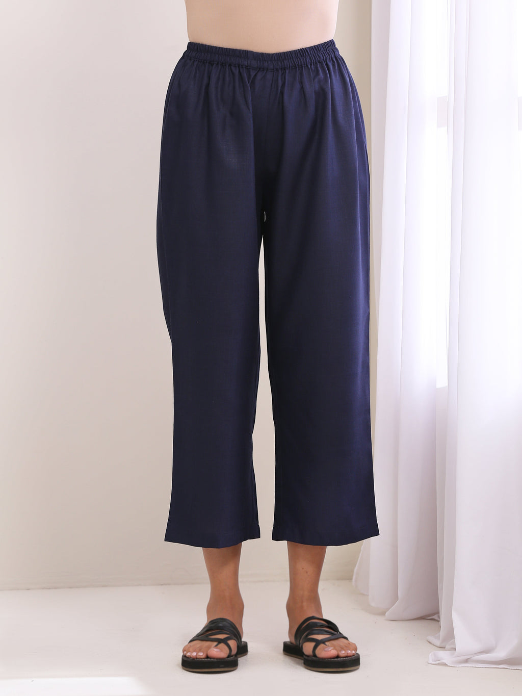 trueBrowns Blue Slub High Slit Kurta Pant Set