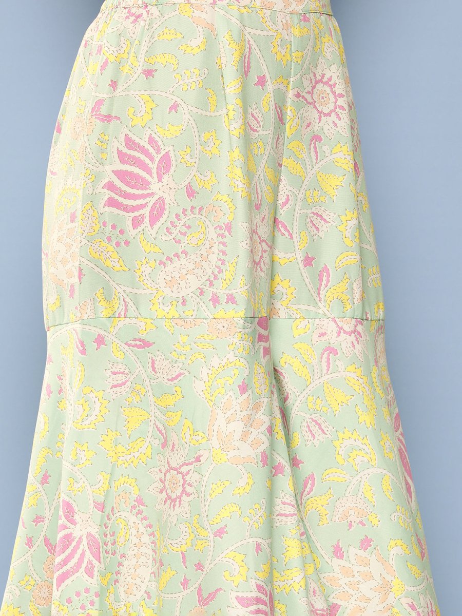 Ahalyaa Women Sea Green Floral Printed Gotta Patti Kurti with Sharara & With Dupatta