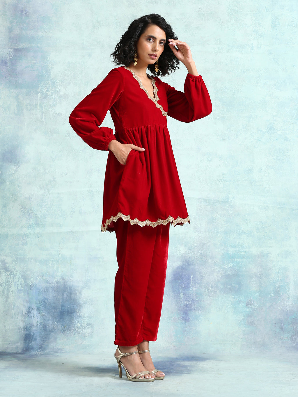 trueBrowns True Red Velvet Lace Co-Ord Set