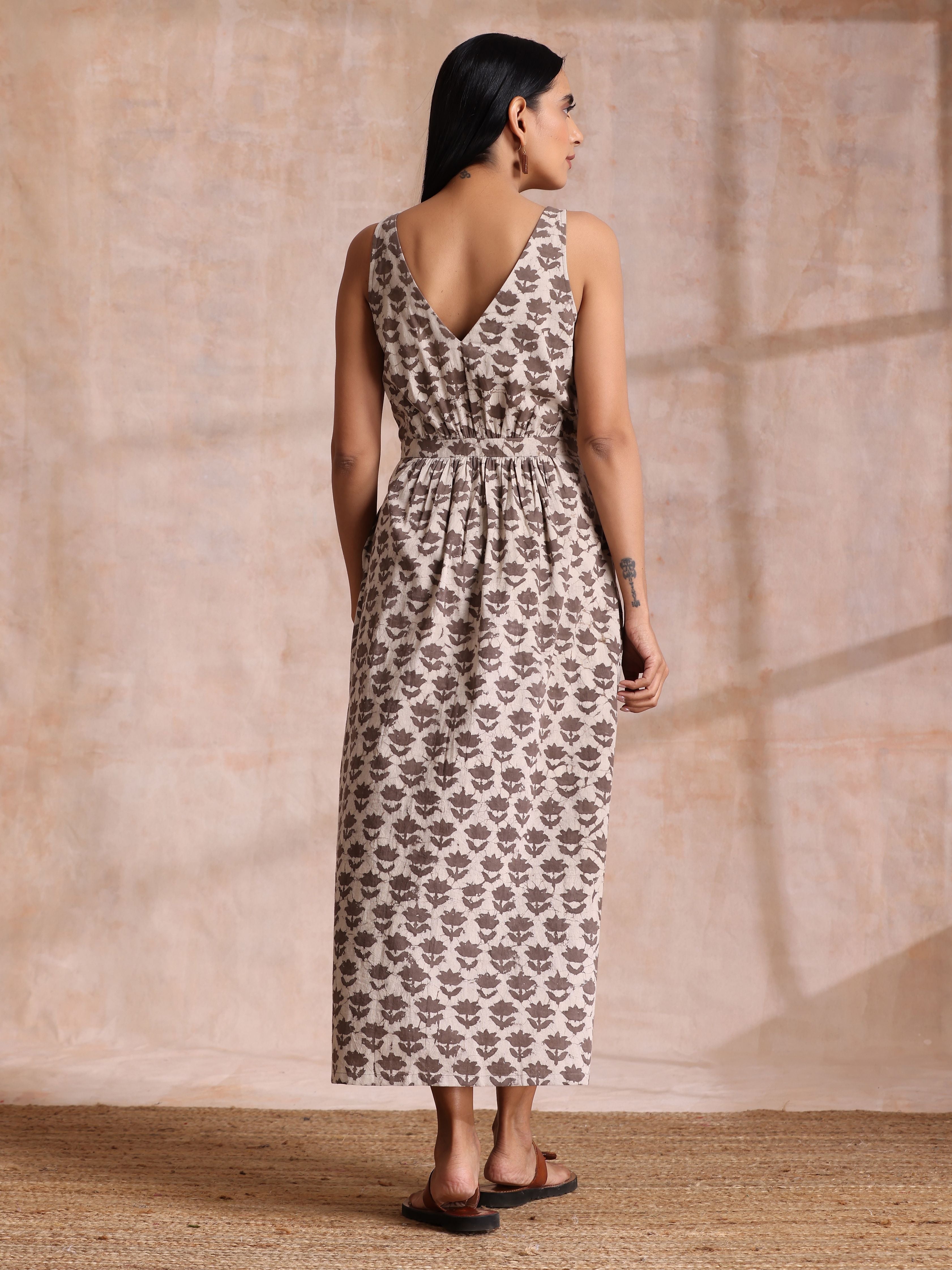 trueBrowns Clay Dabu Buta Print Cotton Sleeveless Wrap Dress